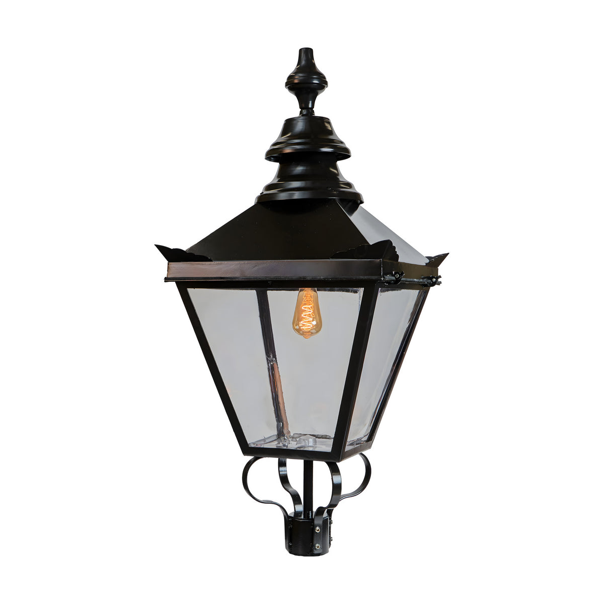 Large Victorian Replacement Lantern head in black metal with clear glass panels, ornate finial top, E27 bulb, and 77mm spigot fitting, shown on a plain white background.