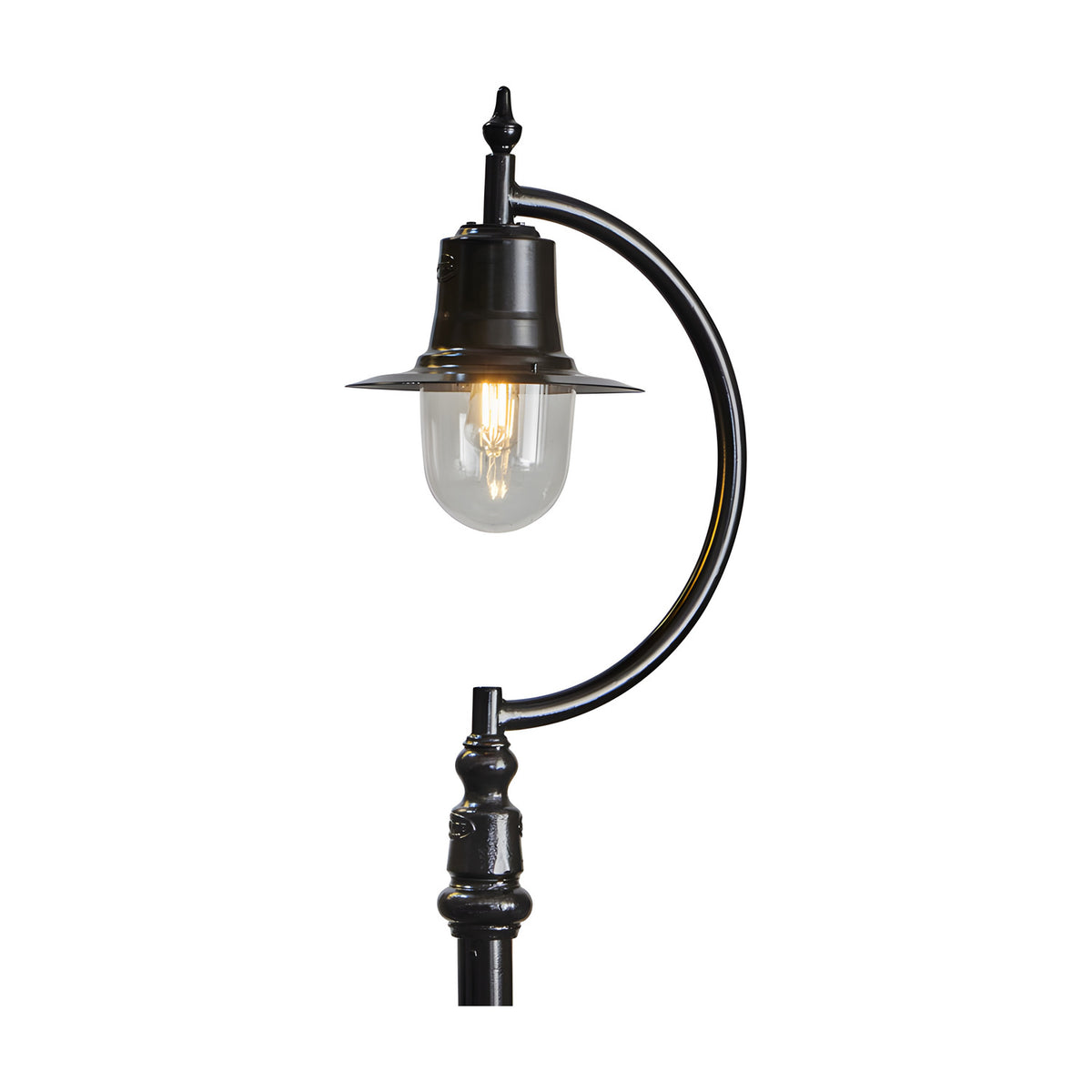 Cast iron teardrop lantern head in black with a curved bracket arm, glass globe, and lit bulb, mounted on a decorative post against a white background.