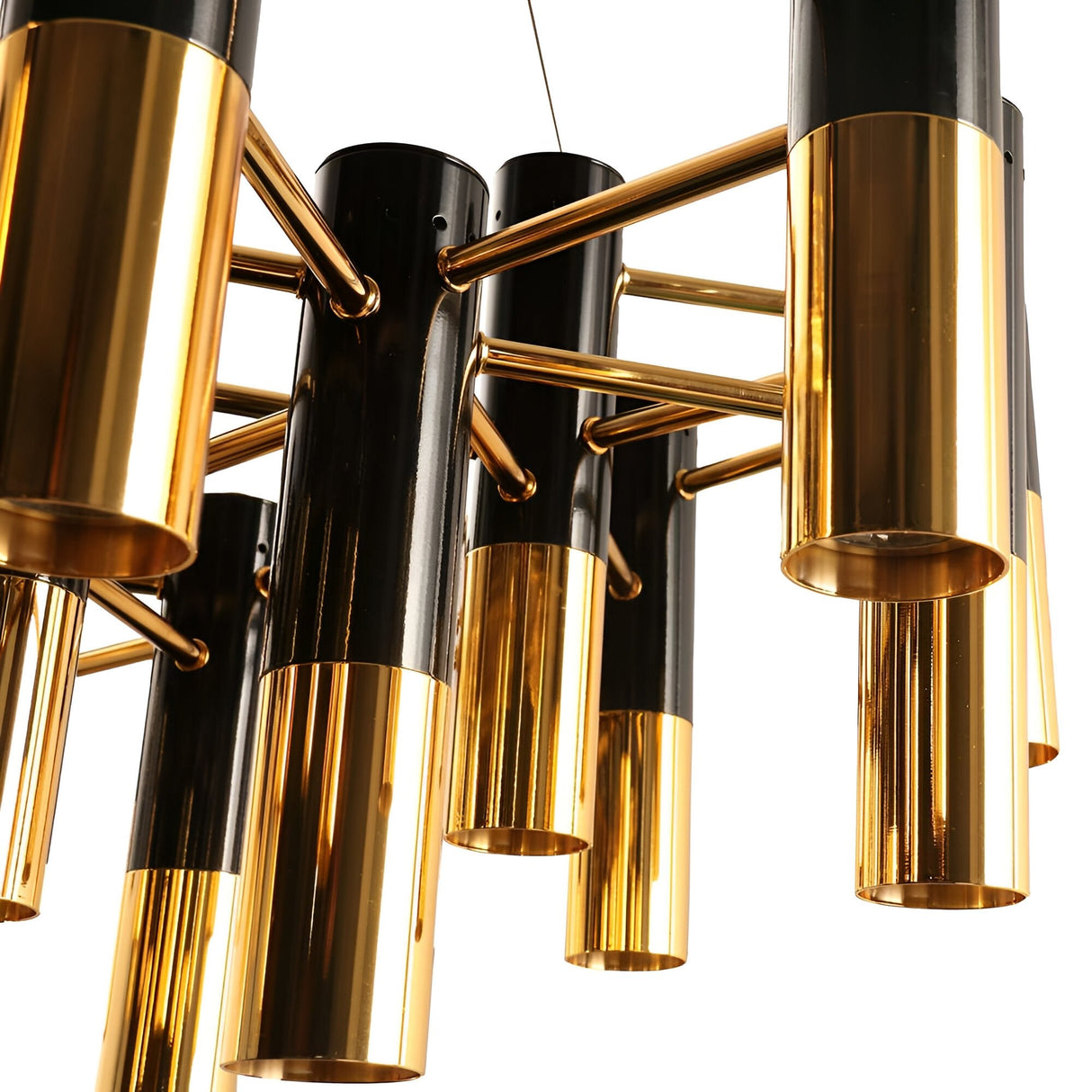 Close-up of the Leonard 19 Light LED Chandelier in black & gold, showcasing cylindrical fixtures arranged geometrically with energy-efficient lighting and a polished, reflective finish.