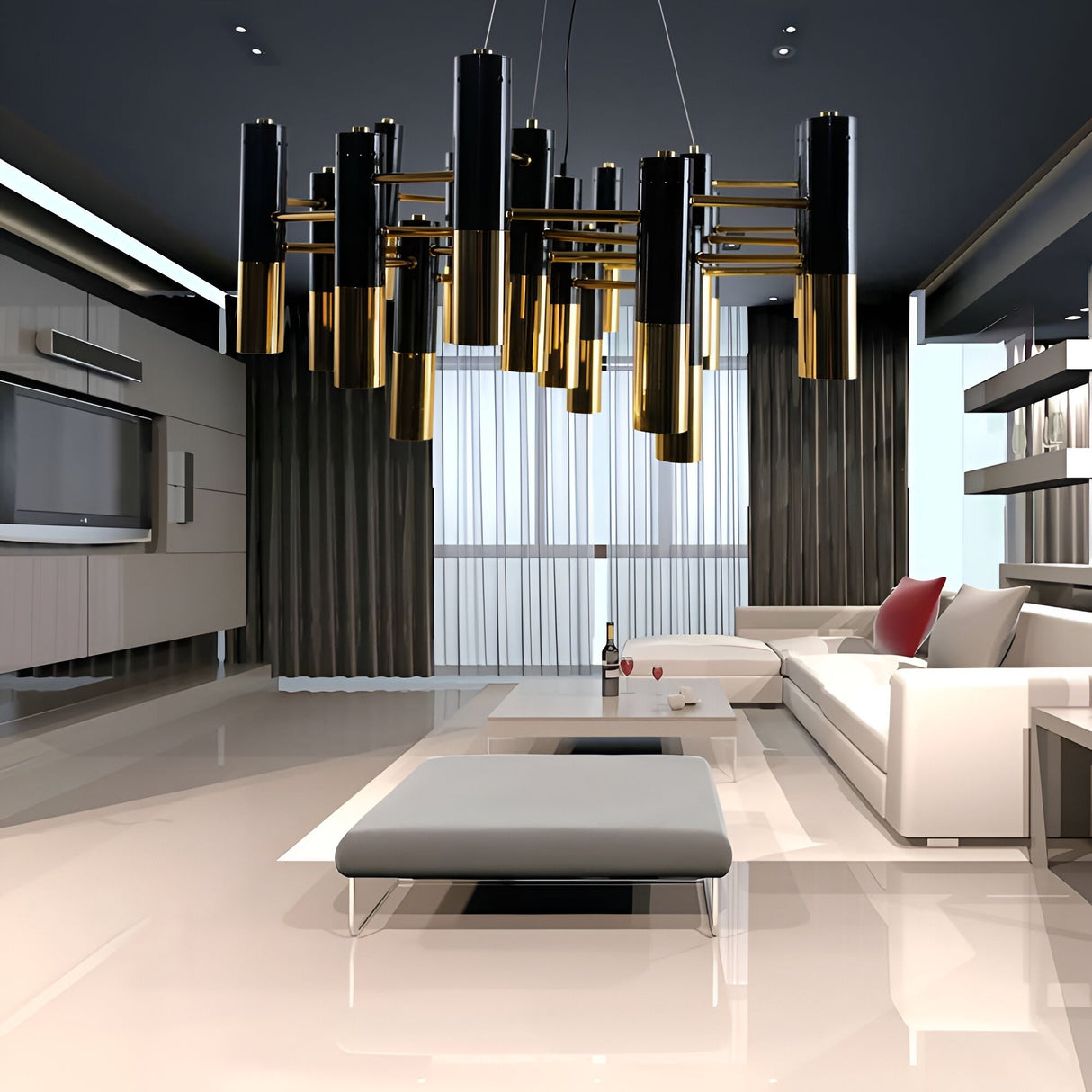 A modern living room with sleek furniture, a white sectional sofa with red pillows, floor-to-ceiling windows with sheer curtains, and minimalist décor highlighted by the Leonard 19 Light LED Chandelier in black & gold for energy-efficient lighting.