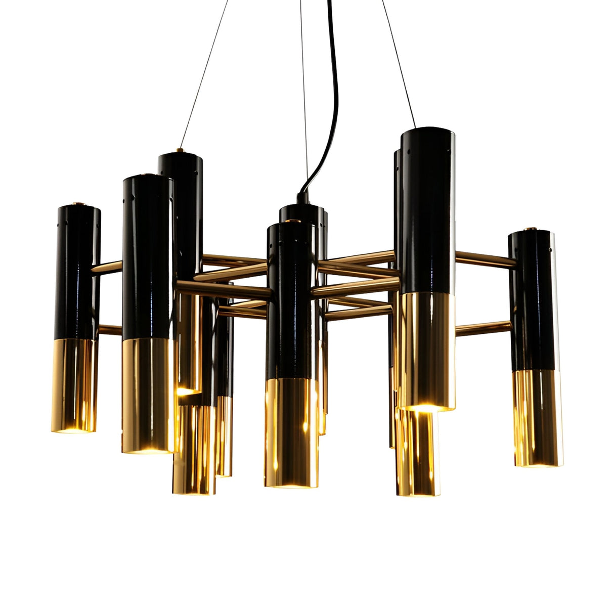 The Leonard 13 Light LED Chandelier in black & gold features multiple cylindrical lights suspended by black wires, creating a modern, luxurious look with a warm glow.