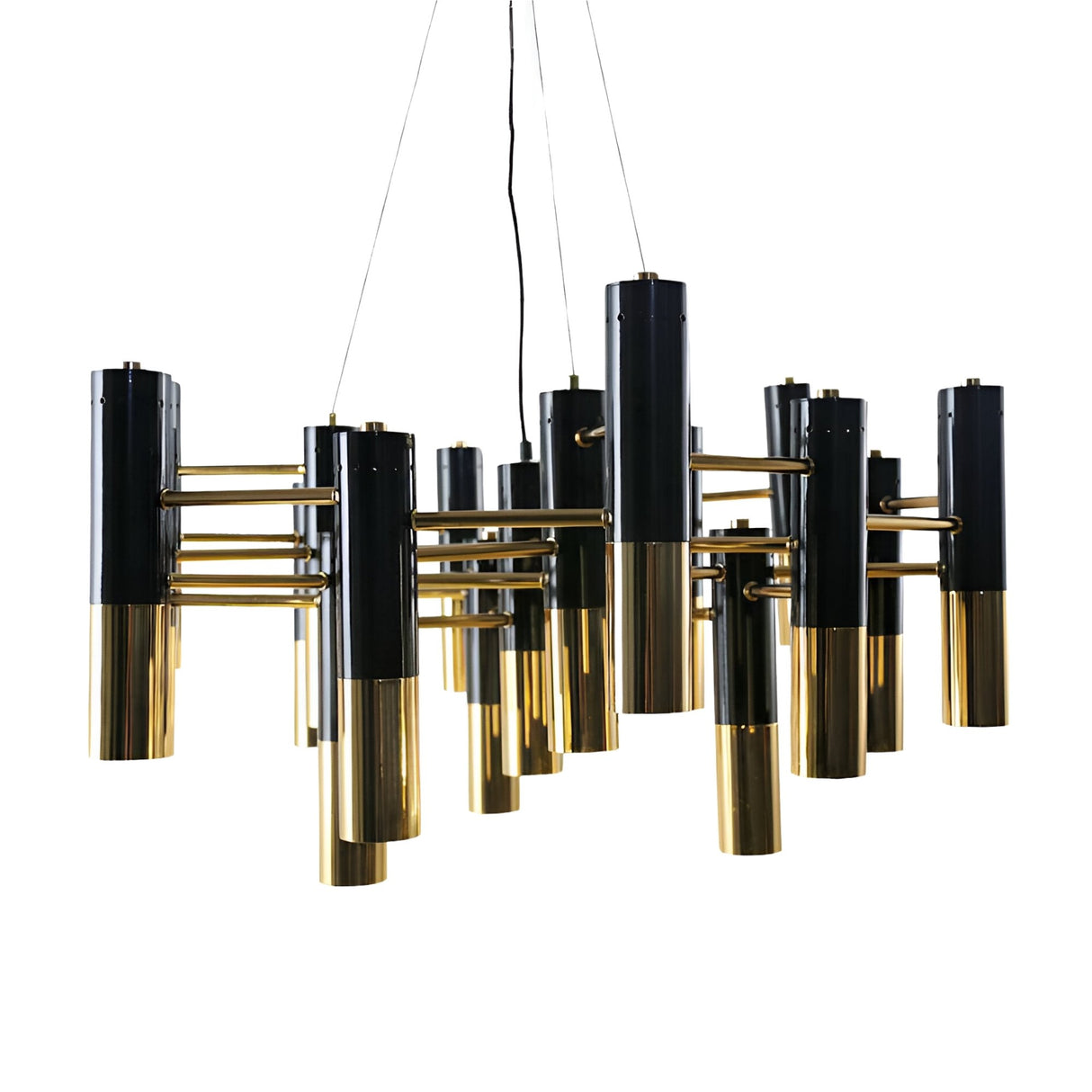 The Leonard 19 Light LED Chandelier in Black & Gold features multiple cylindrical fixtures in a geometric pattern, suspended by thin wires for modern, energy-efficient lighting.