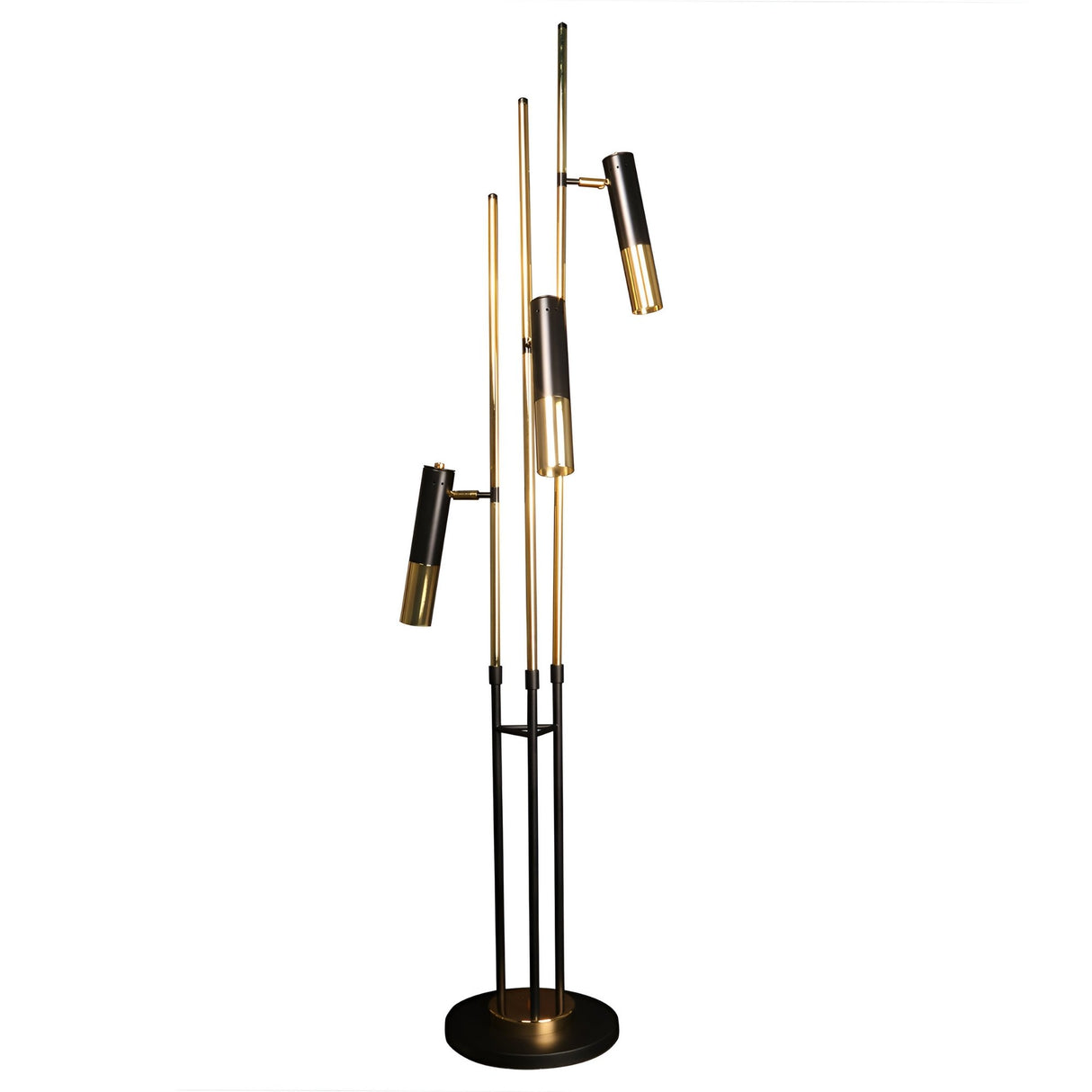 The Leonard 3 LED Floor Lamp in black & gold features three vertical rods of different heights, each with an adjustable, energy-efficient cylindrical light on a round black base.