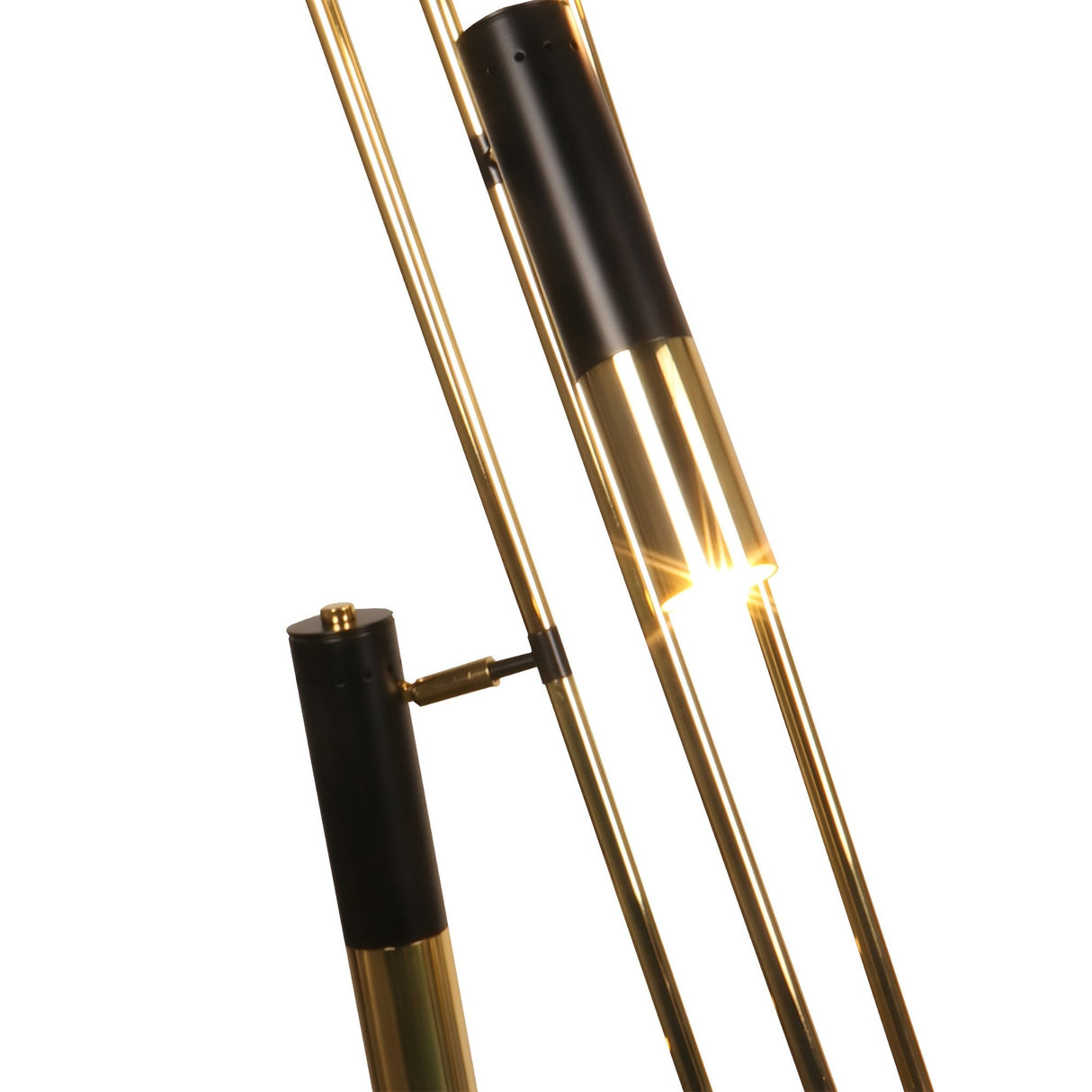 Close-up of the Leonard 3 LED Floor Lamp in Black & Gold, featuring cylindrical elements and two parallel golden rods that emit bright, energy-efficient light.