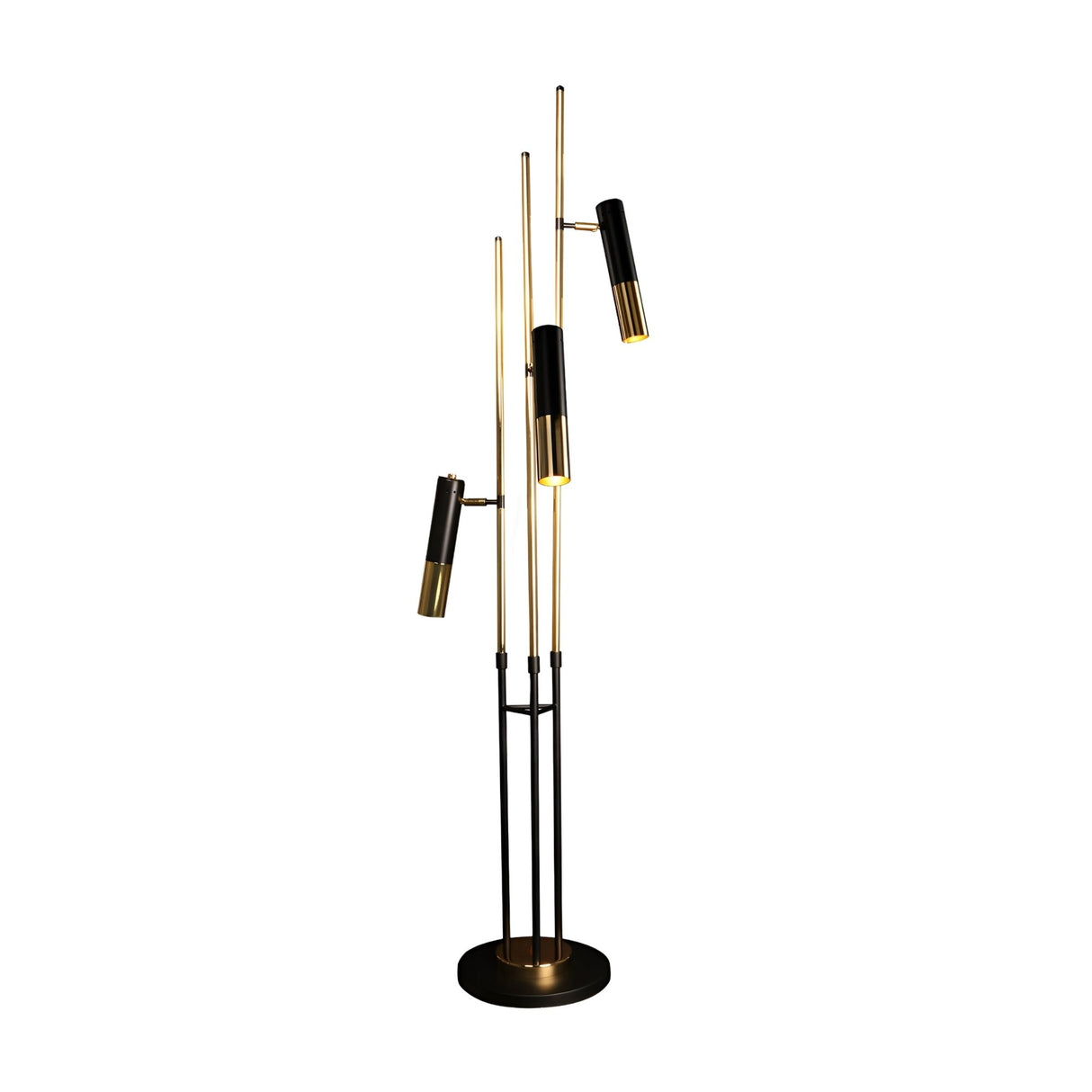The Leonard 3 LED Floor Lamp in black & gold features three vertical gold rods with adjustable cylindrical lights on a round black base, offering a stylish and energy-efficient lighting solution.