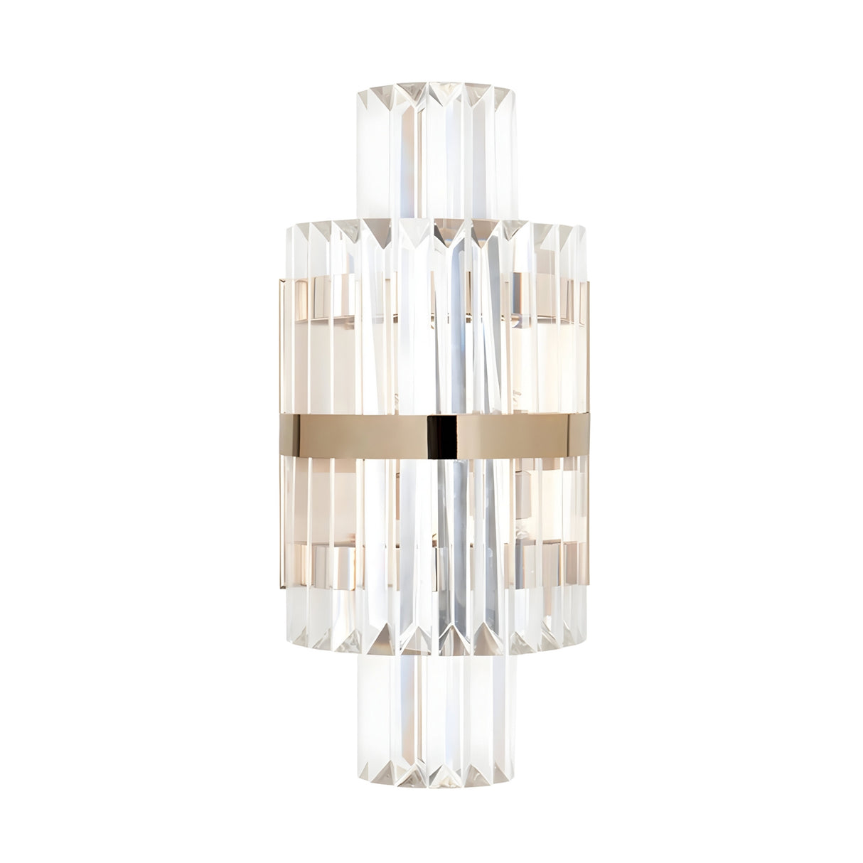 The Liberty 2 Light Crystal Glass Wall Light - Gold features clear, rectangular crystal prisms vertically arranged around a cylindrical design with a central gold band—ideal for elegant home decor.