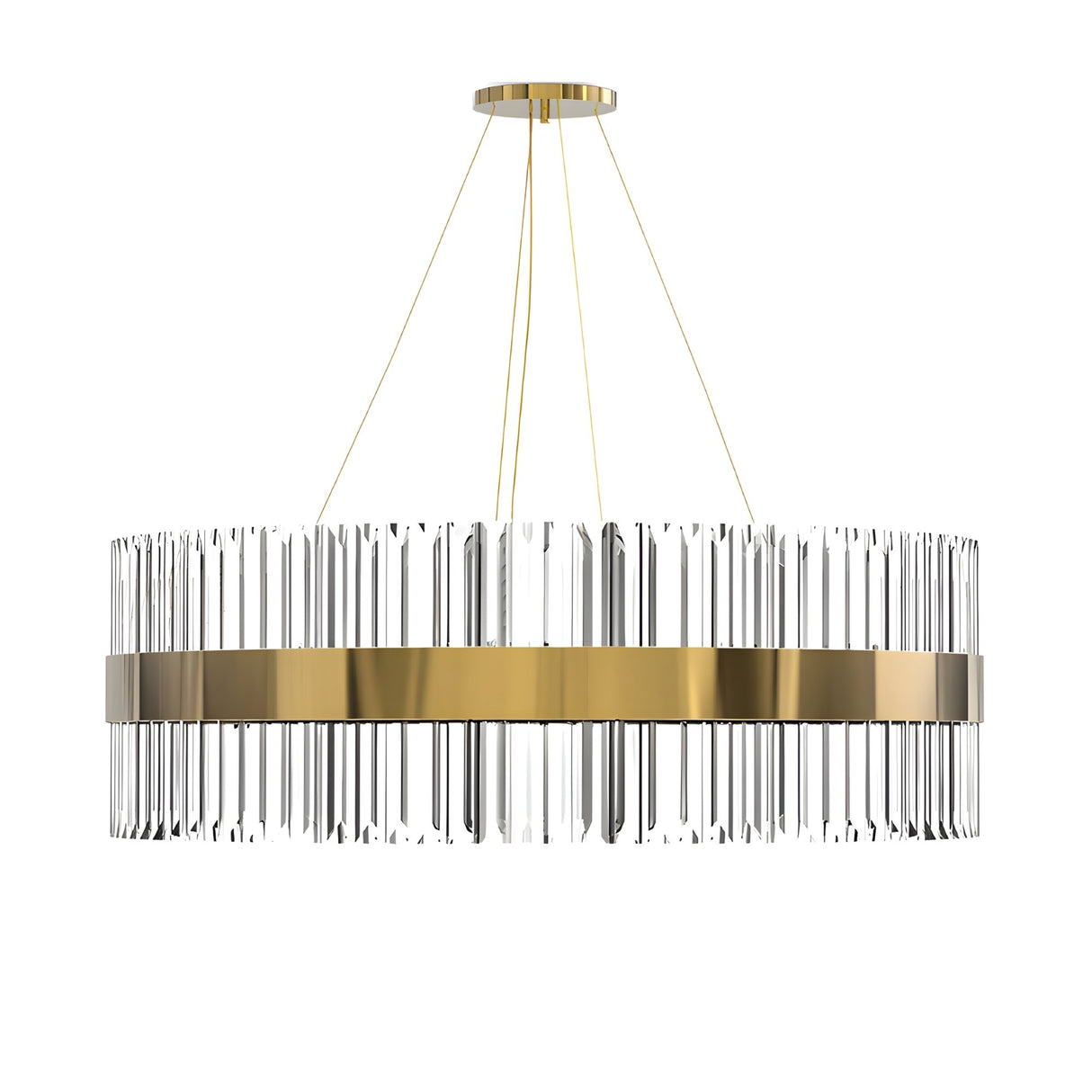 The Liberty LED Crystal Glass Chandelier - Gold features a sleek oval frame with vertical clear glass rods and four thin suspension cables, offering luxurious, contemporary style to elevate any space.