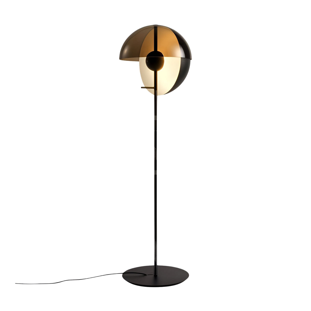 The Lucia LED Floor Lamp - Black features a modern design with a handblown glass shade divided into four sections, a slim black pole, sleek black round base, and an electrical cord extending from the bottom.