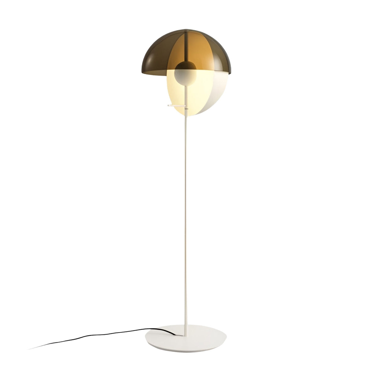 The Lucia LED Floor Lamp - White features a round handblown glass shade with brown-tinted and white translucent halves on a slim white stand and circular base, offering energy-efficient lighting with its black power cord.