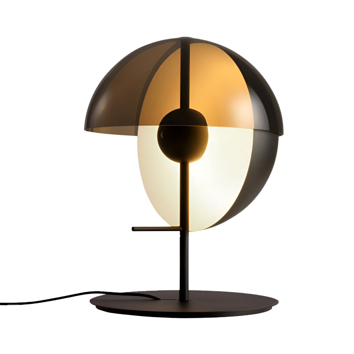 The Lucia LED Table Lamp - Black features a modern spherical design with overlapping black and white semi-circular shades, a round base, visible cord, and energy-efficient lighting that casts a warm glow.