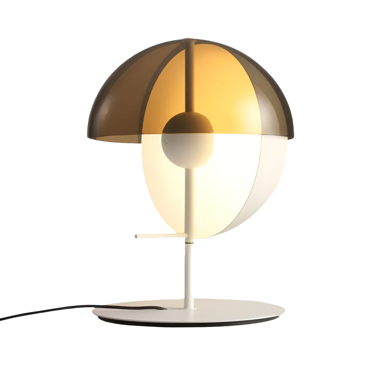 The Lucia LED Table Lamp - White features a modern white base and a handblown glass shade, half transparent brown and half opaque white, in a unique split design. It offers energy-efficient lighting and includes a visible power cord.