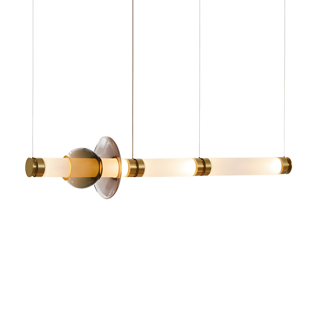 The Luna LED Linear Suspension Light - Gold showcases three cylindrical frosted glass shades and gold suspension, with a central glass sphere and disc, adding elegant, energy-efficient lighting to any space.