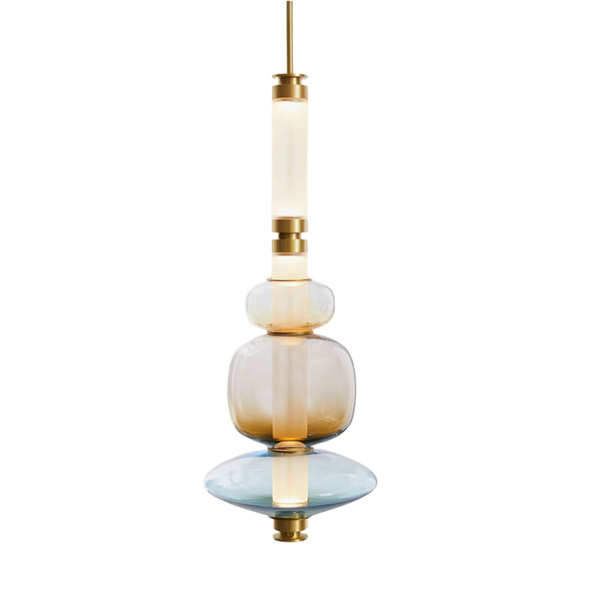 The Luna LED Pendant Light - Gold features stacked, rounded glass in gold and blue with brass accents, suspended from a slim rod for an ambient glow.
