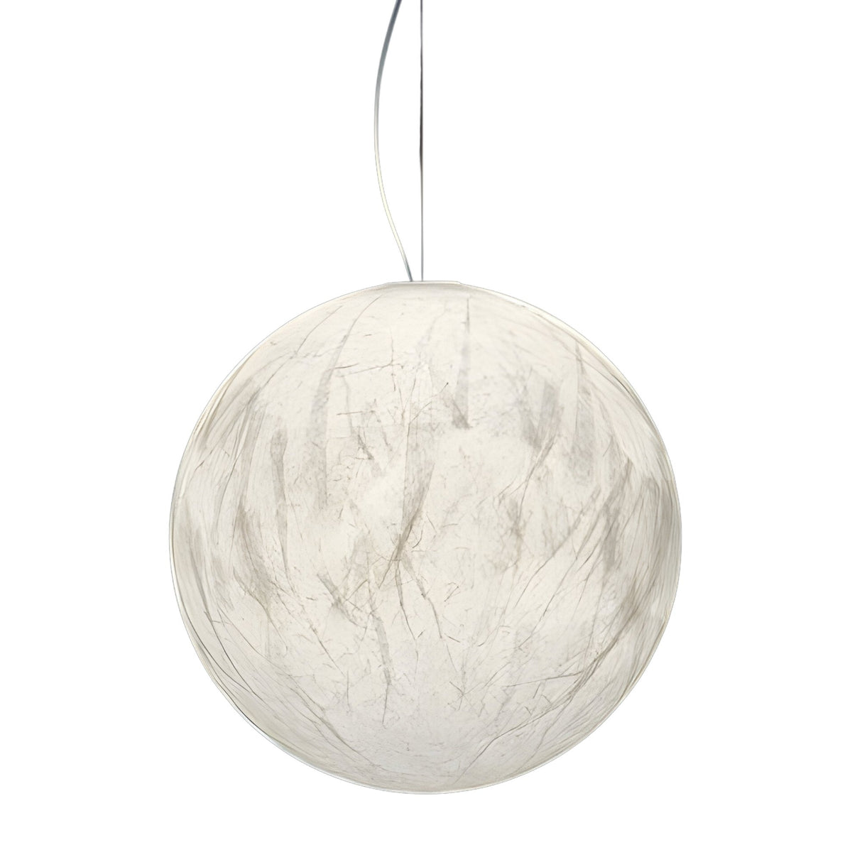 The Lunar Pendant Light - White features a round design with a moon-like texture and soft sheen, suspended from a thin wire against a plain background.