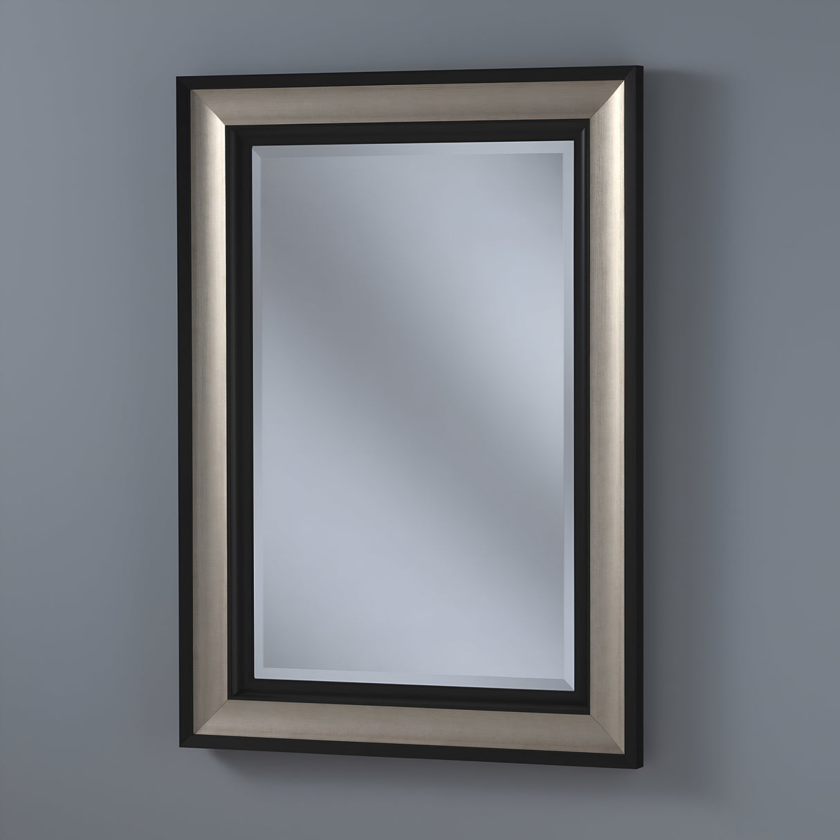 Modern rectangular wall mirror featuring a sleek frame with a black outer edge and a metallic silver inner border, perfect for contemporary and transitional decor. Ideal for living rooms, bedrooms, or entryways, this mirror adds a sophisticated touch to any space.