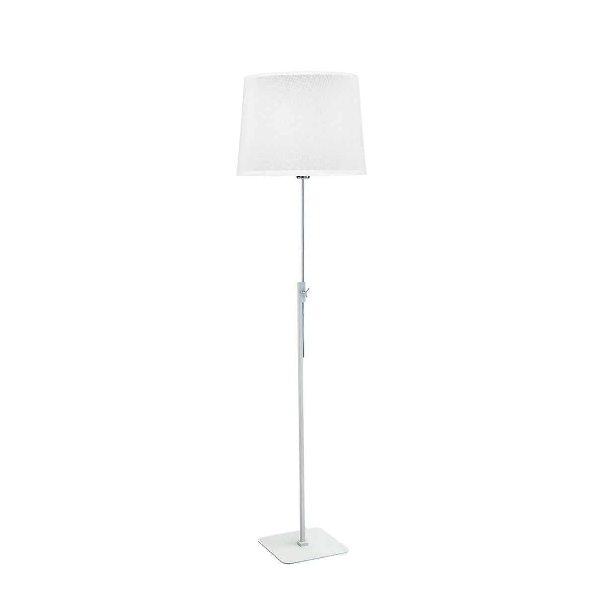 Habana telescopic floor lamp in white and chrome with a square base and adjustable pole, shown with a white shade that is not included.