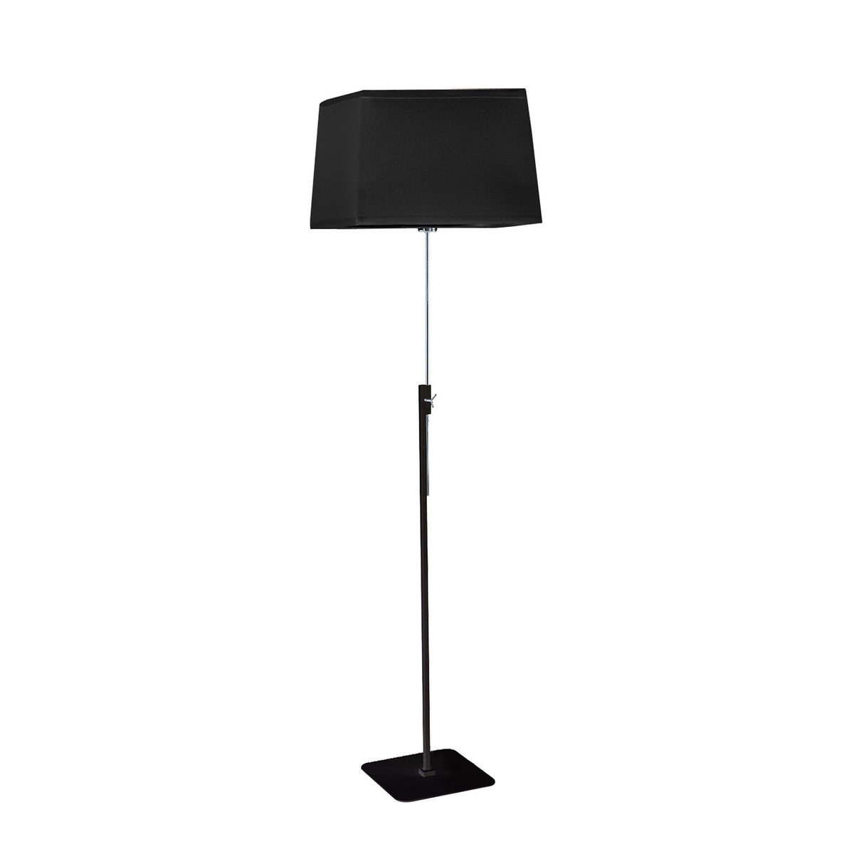 Habana telescopic floor lamp in black and chrome with a square base and adjustable pole, shown with a black shade that is not included.