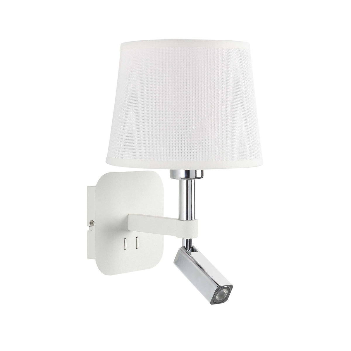 Habana LED wall reading light with a white backplate and polished chrome adjustable reading arm, shown with a white tapered shade that is not included.
