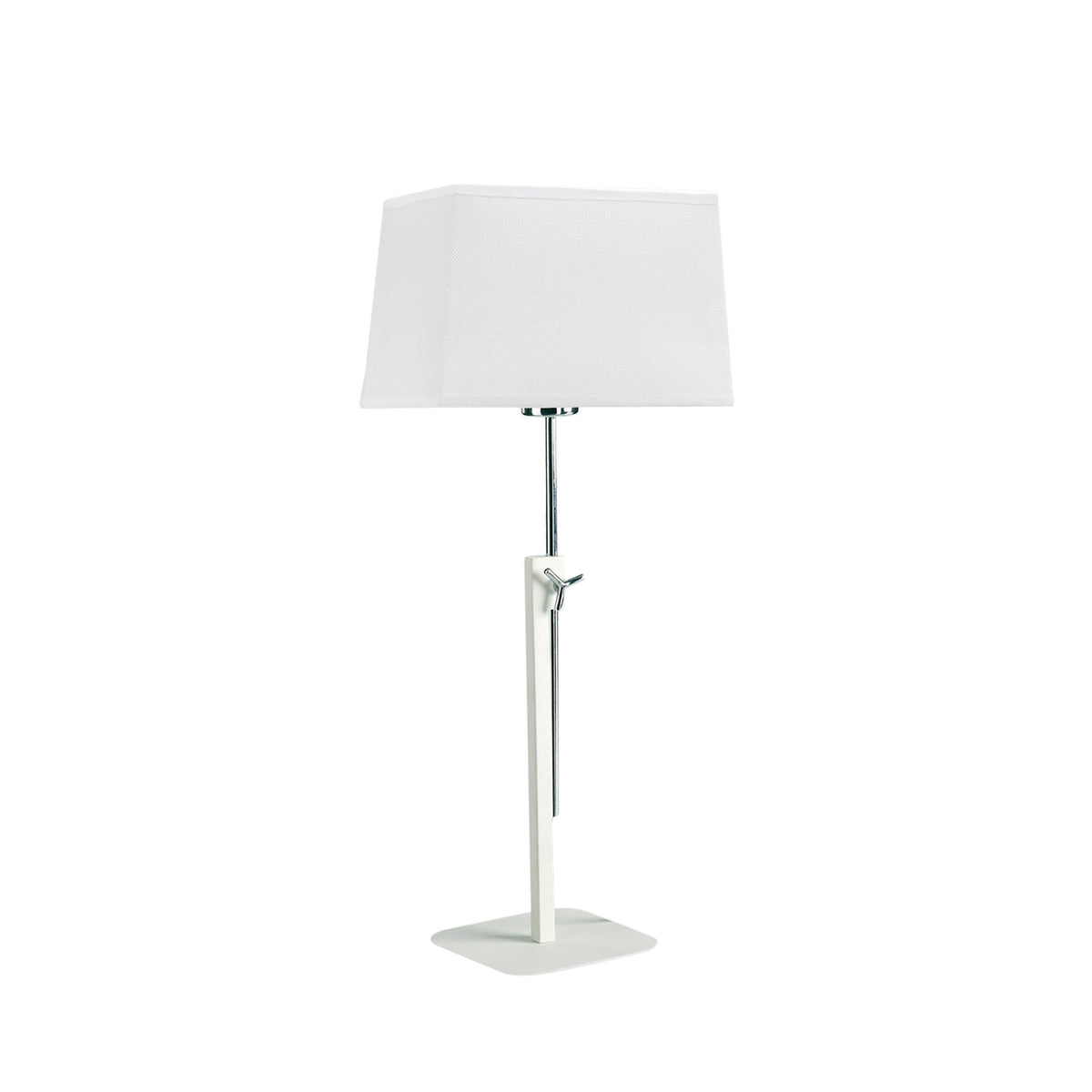 Habana telescopic table lamp in matt white and polished chrome with a square base and adjustable stem, shown with a white shade that is not included.