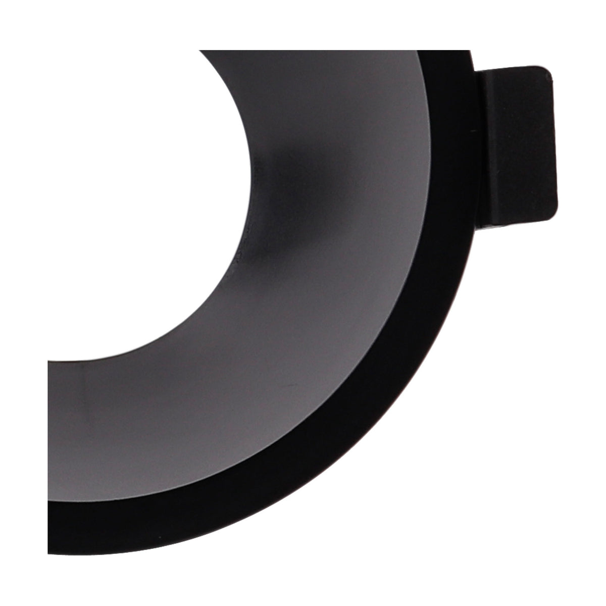 Close-up of the Lamborjini GU10 round spotlight, 93mm, in black polycarbonate with a stepped funnel-shaped inner profile and spring clip, on a plain white background.