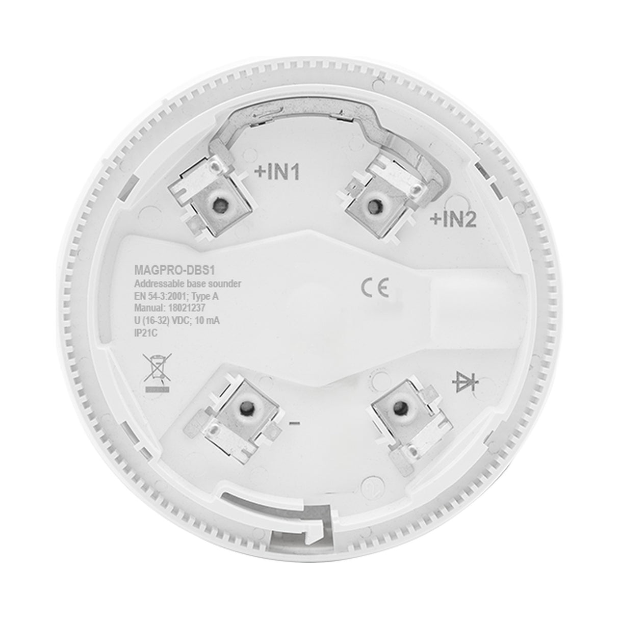 ESP MAGfire MAGPRO addressable fire sounder base in white, circular deep base with +IN1, +IN2 and terminal contacts, shown on a white background.