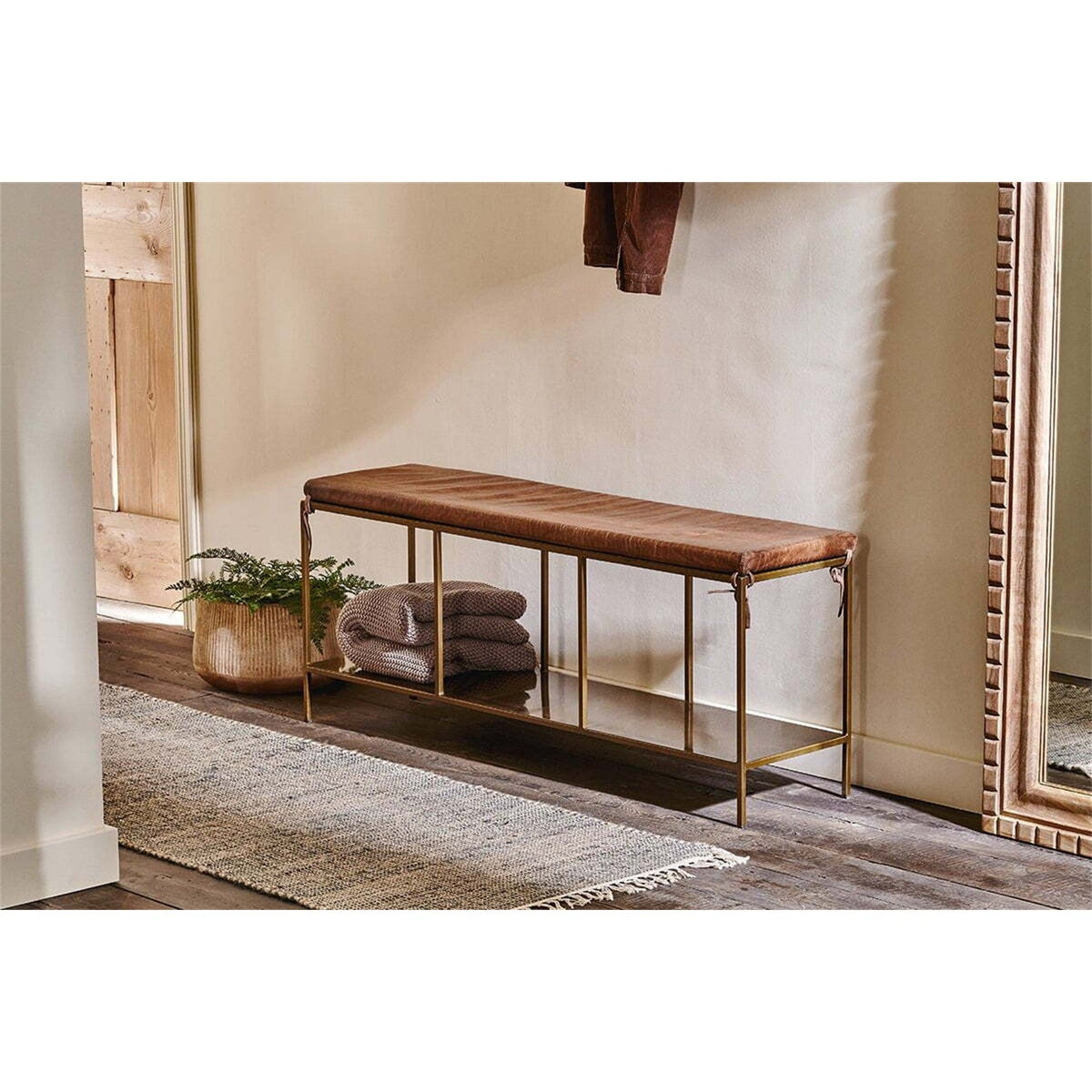 Mahi Iron & Leather Bench - Antique Brass