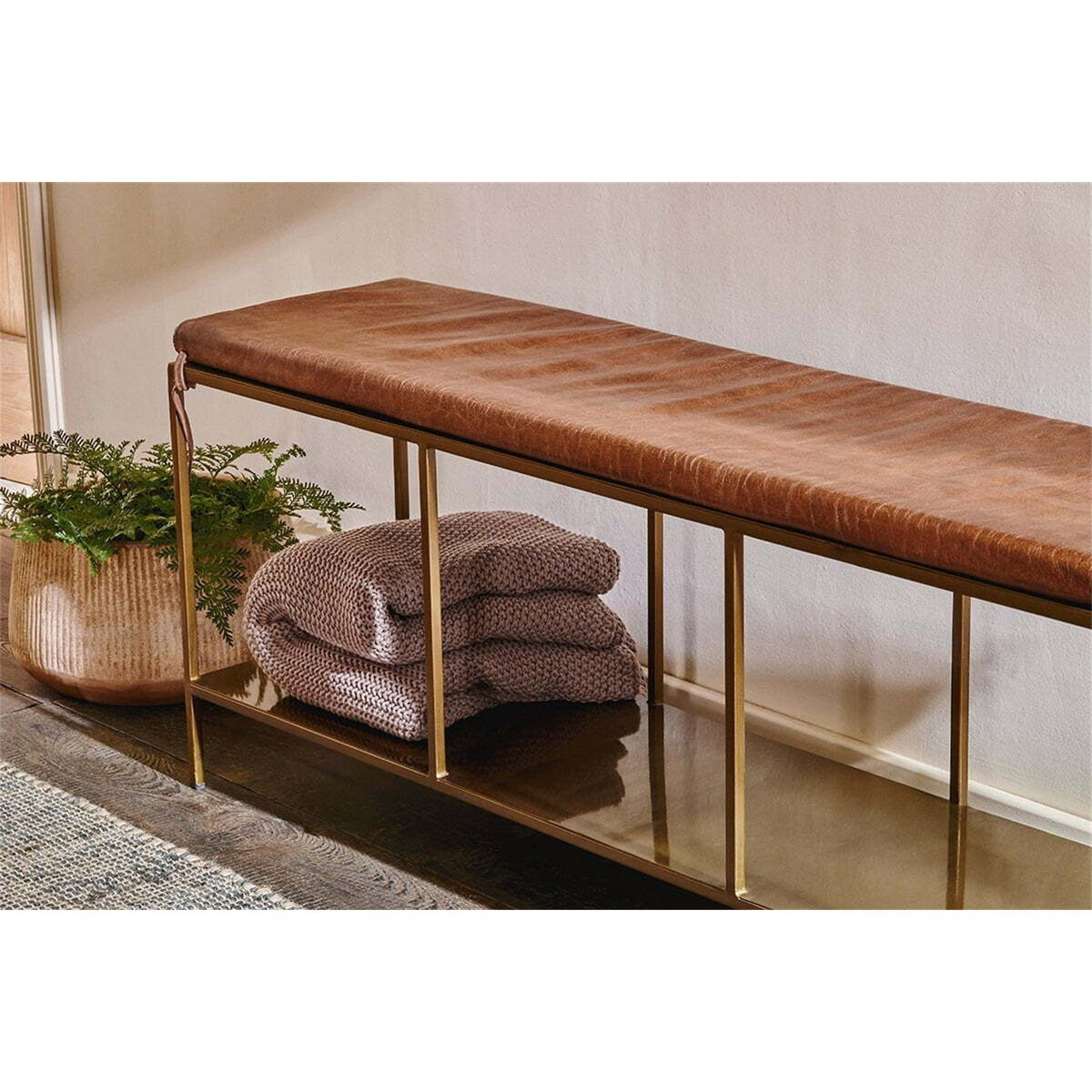Mahi Iron & Leather Bench - Antique Brass