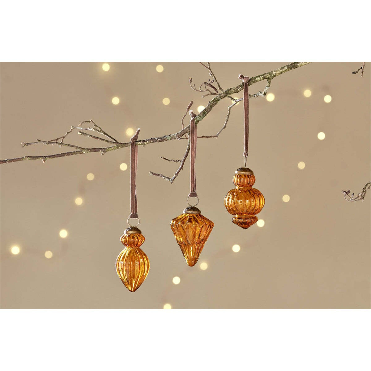 Manipur Ribbed Glass Baubles - Amber - Set of 3