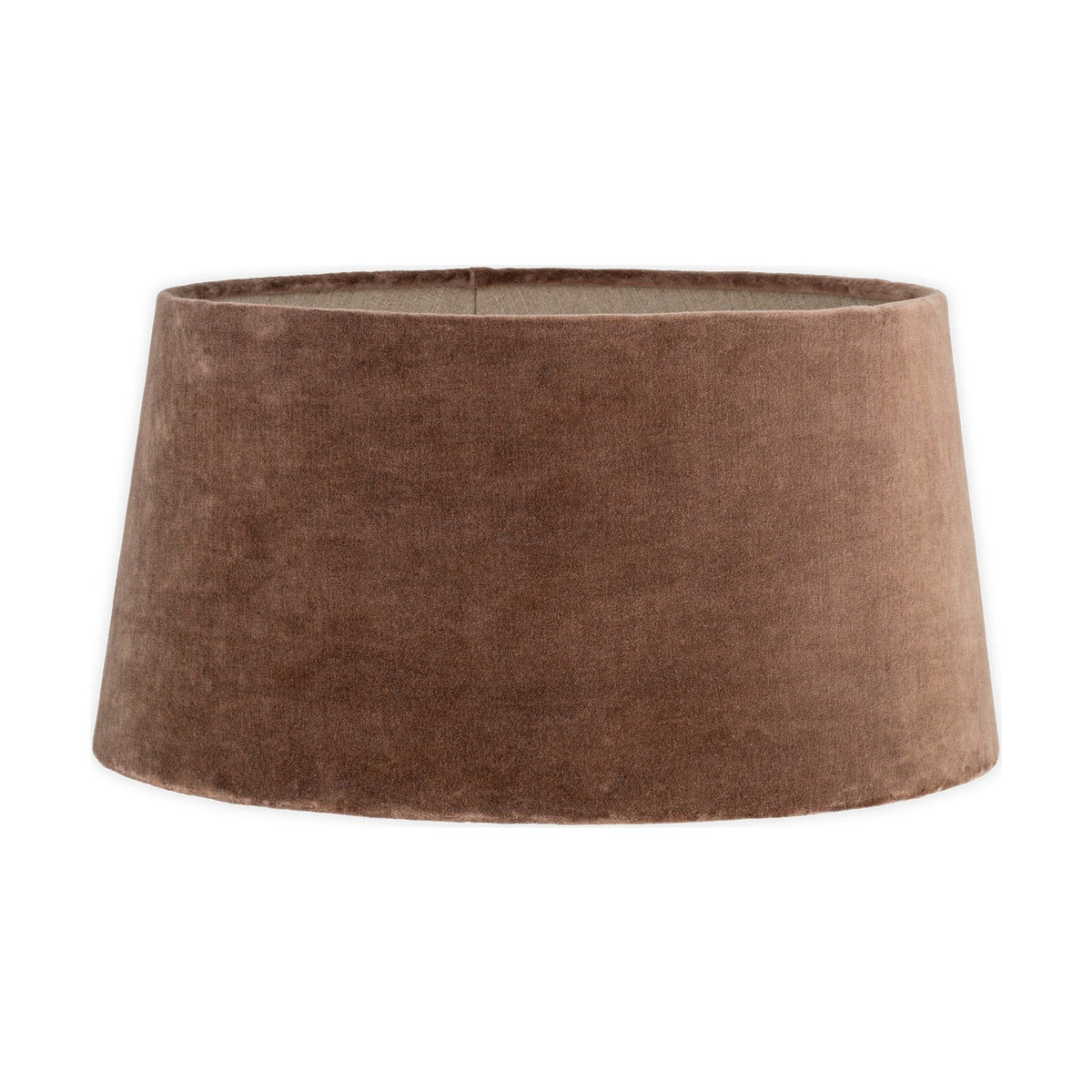 Mendai Large tapered drum lampshade in mocha velvet with pale natural linen lining visible at the top rim, shown against a plain white background.