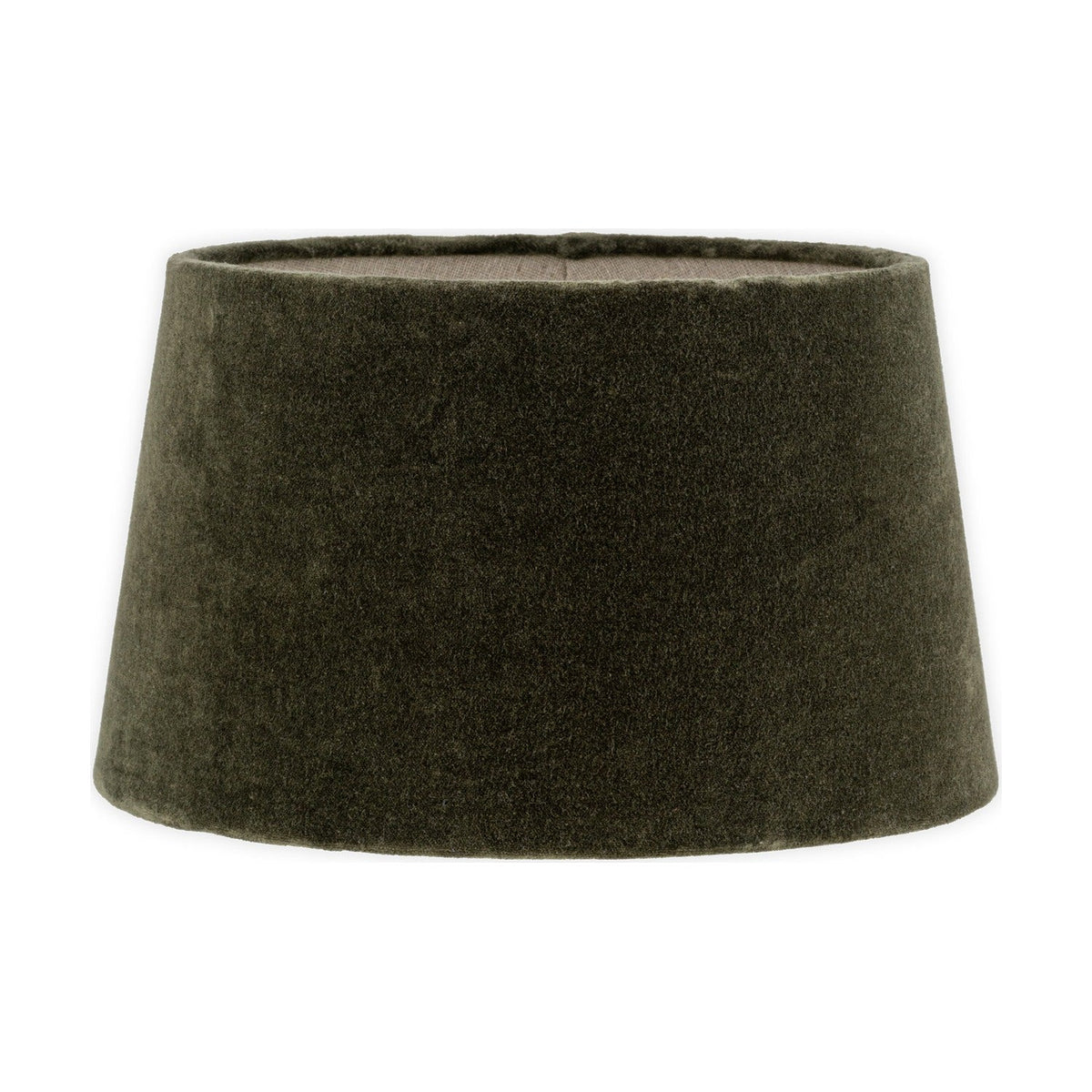 Mendai Medium Lampshade in moss green velvet, a tapered drum shape with natural linen lining visible as a pale band at the top rim, shown on a plain white background.