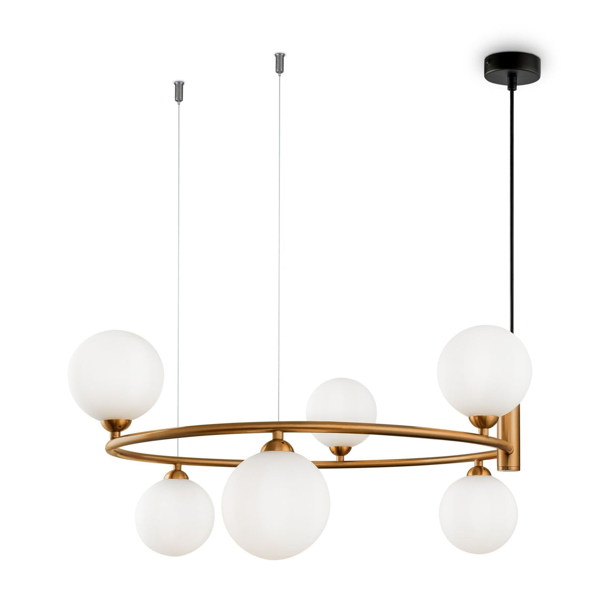 Ring 6 light circular suspension light in brass with white glass, creating a striking centerpiece for large spaces.