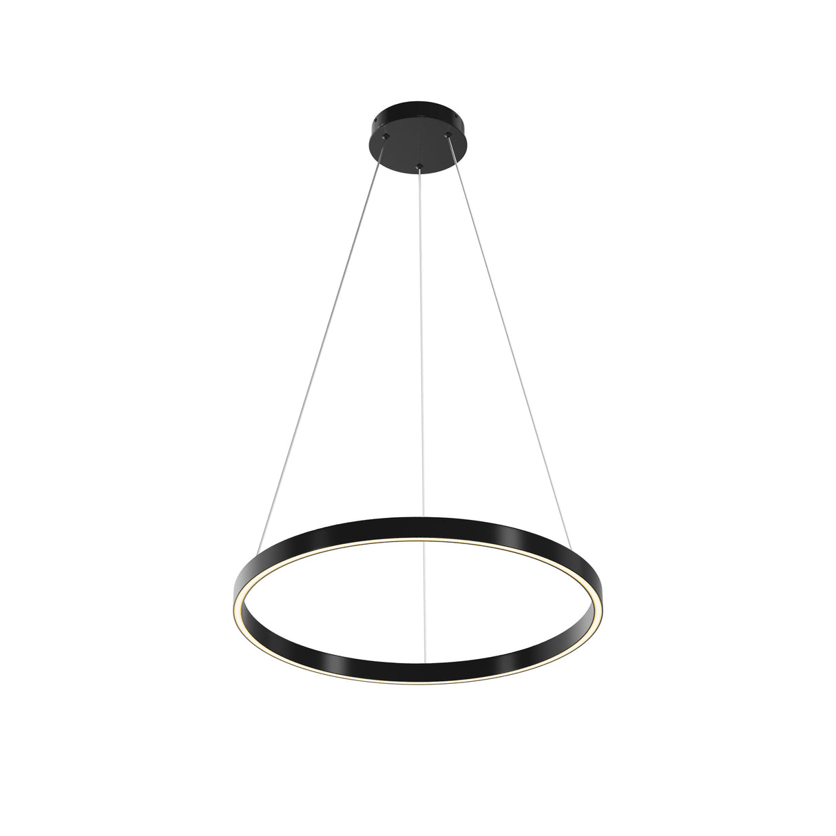 Maytoni Rim 600mm LED ring pendant light in matt black aluminium, suspended by two steel cables from a round ceiling canopy on a white background.