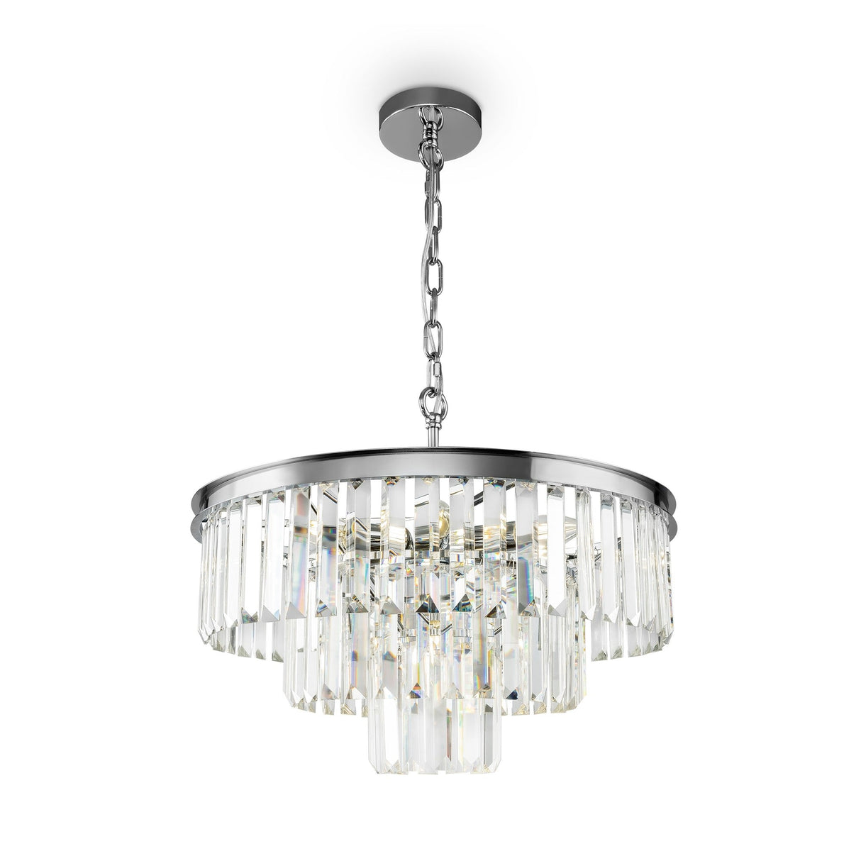 Revero 7 light chandelier in chrome, adding an opulent and sparkling element to sophisticated interiors.