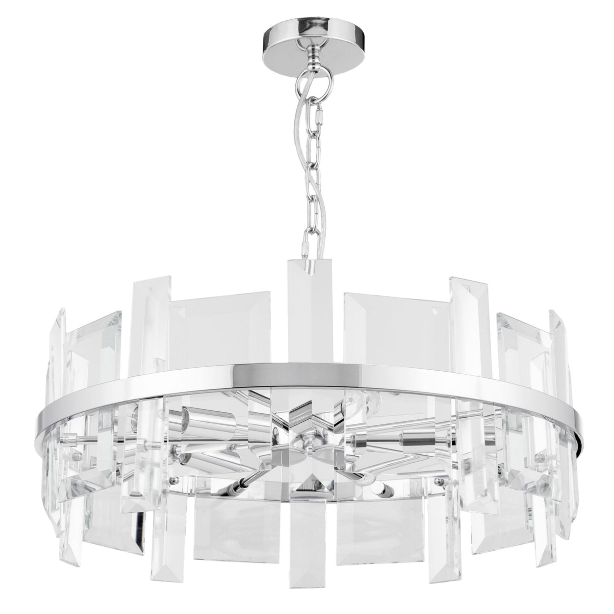 The Cerezo 5 Light Chandelier - Chrome displays modern elegance with clear geometric glass panels, featuring multiple rectangular pieces around a circular metal frame, making it perfect for any space.