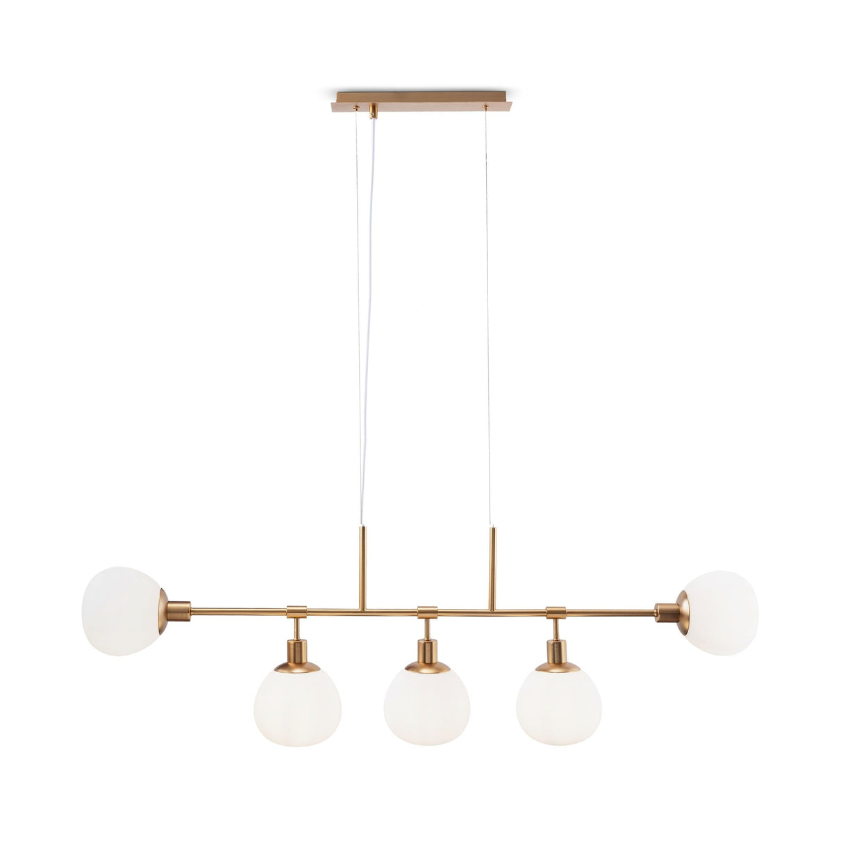 Erich 5 Light Island Suspension in Gold with White Glass, designed to bring luxurious lighting to kitchen islands or dining areas.