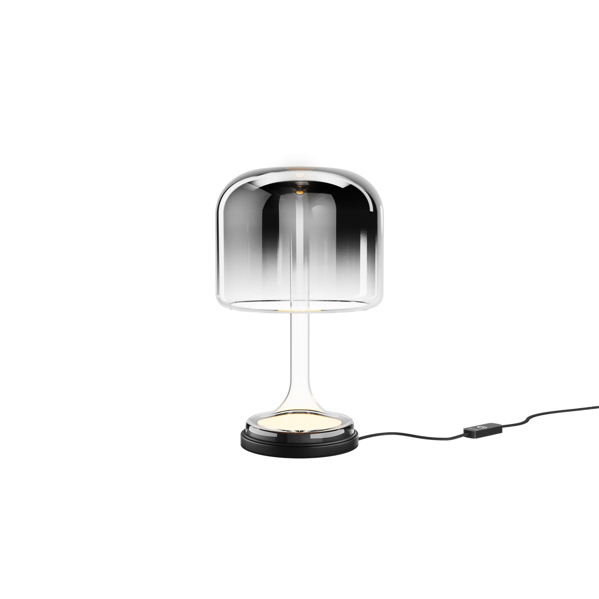 Maytoni Spirito LED table lamp with chrome-to-clear glass dome shade on a chrome pedestal and black marble-effect base, inline dimmer cable, on white.