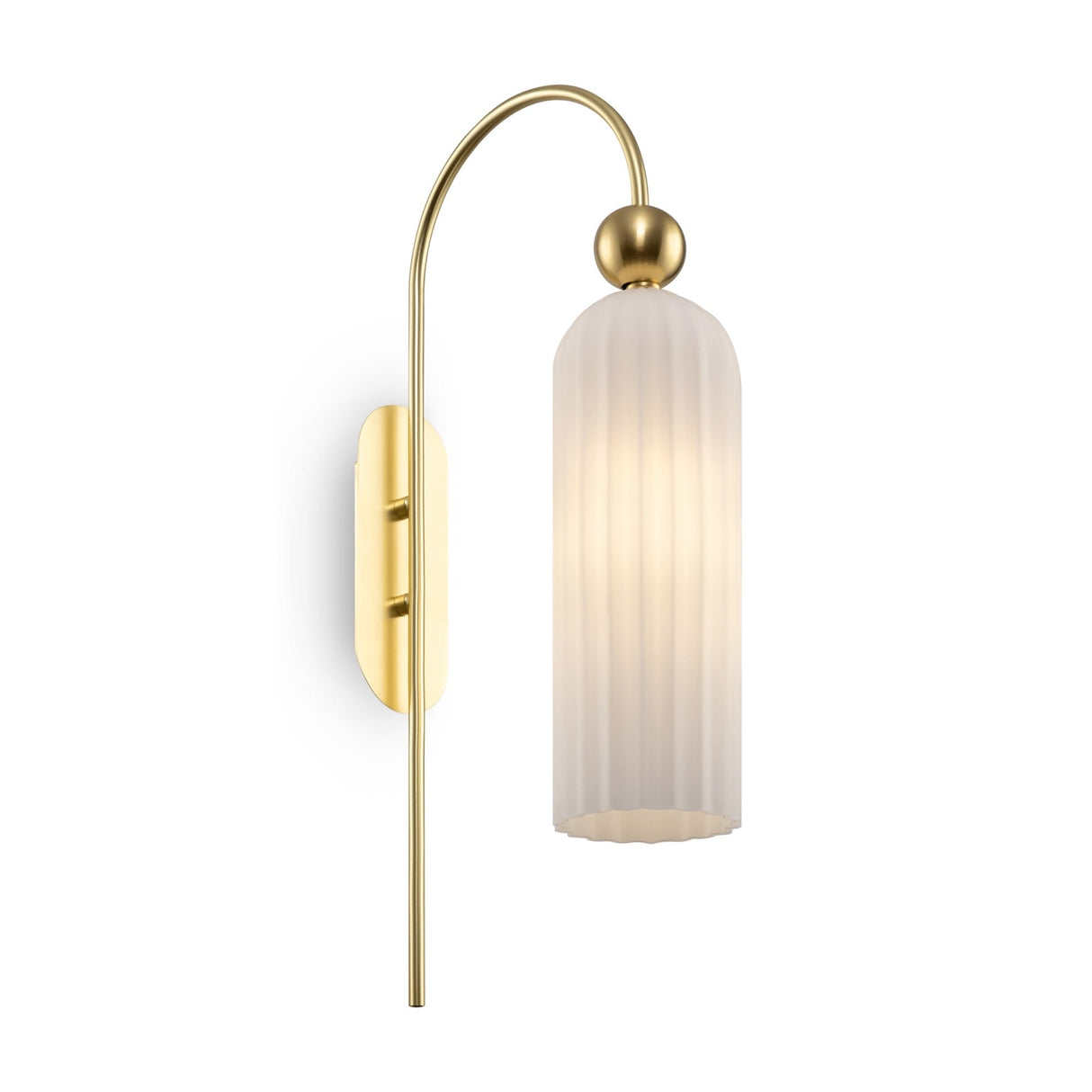 The Antic Wall Light boasts a wall-mounted design with a curved brass arm and ribbed white glass lampshade, featuring a gold finish to enhance its elegance and diffuse soft light.