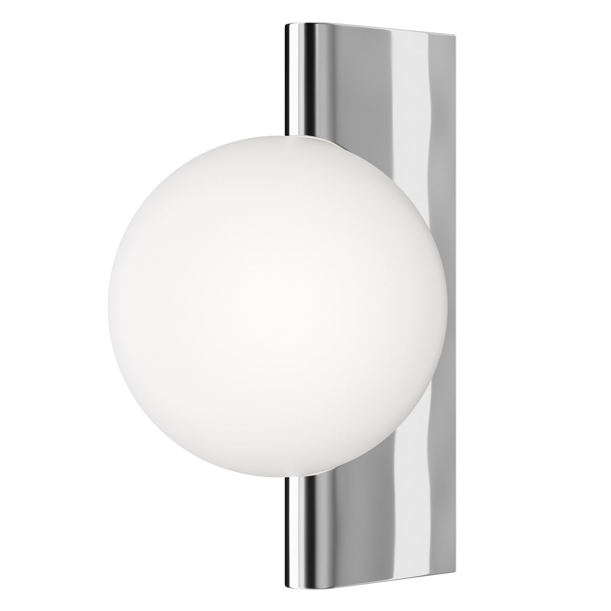 The Avant-Garde Wall Light - Chrome showcases a modern chrome wall sconce with a round white globe and sleek, reflective base, highlighting minimalist design with clean lines and a contemporary aesthetic.