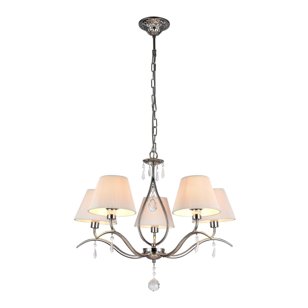 Talia 5 light chandelier in nickel, perfect for modern settings with its sleek and luxurious finish.