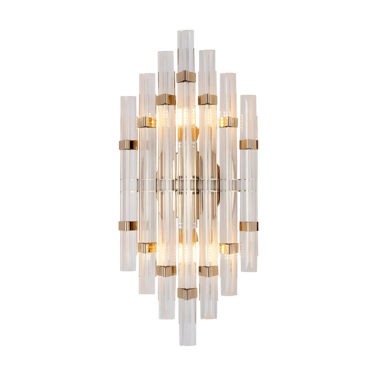 The Magari Crystal Wall Light in gold features multiple vertical clear glass elements in a layered, symmetrical design, emitting warm light from the center for a modern look.