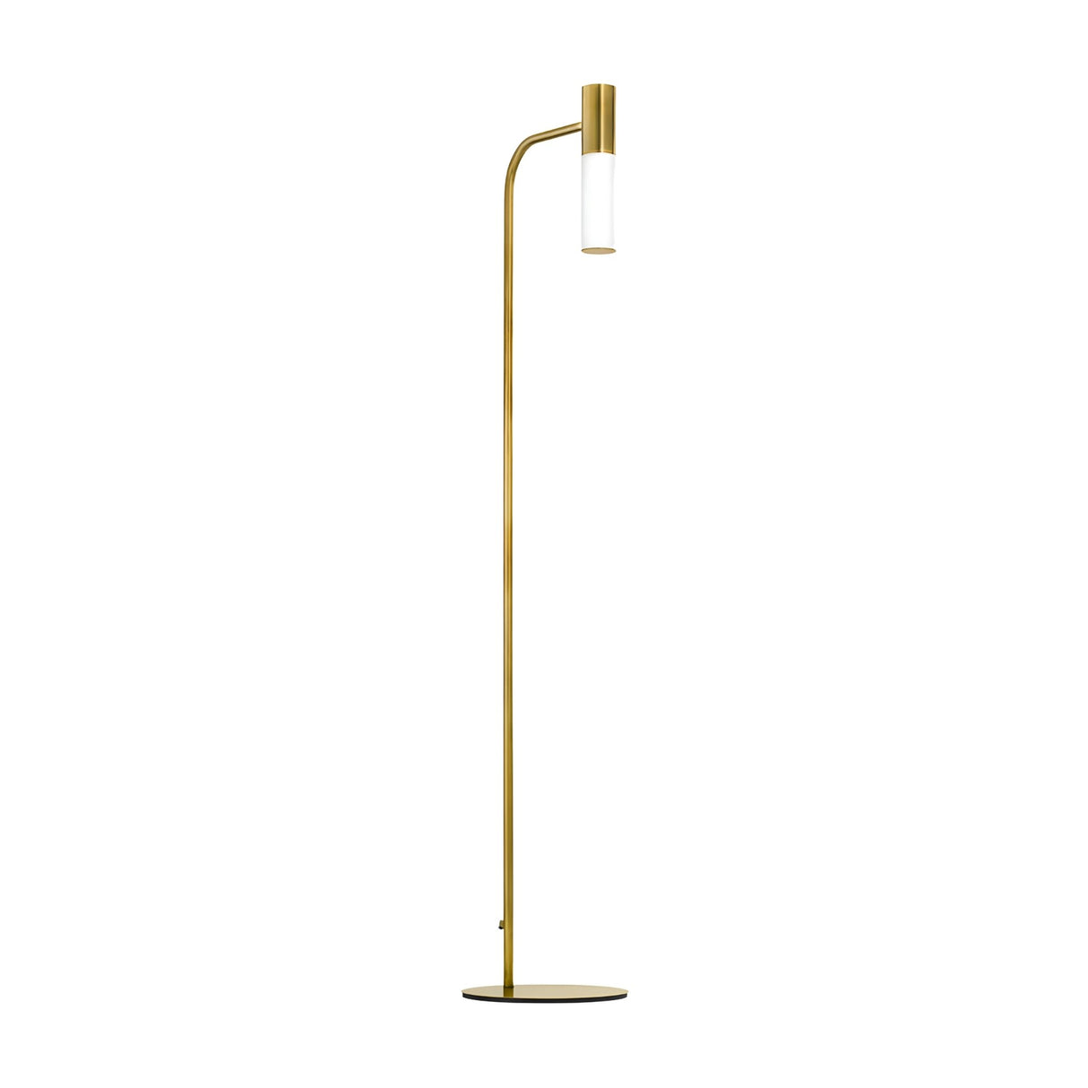 The Magari Floor Lamp - Gold features a slim metal stand, cylindrical white and gold lampshade, and round flat base for an elegant design and ambient lighting.