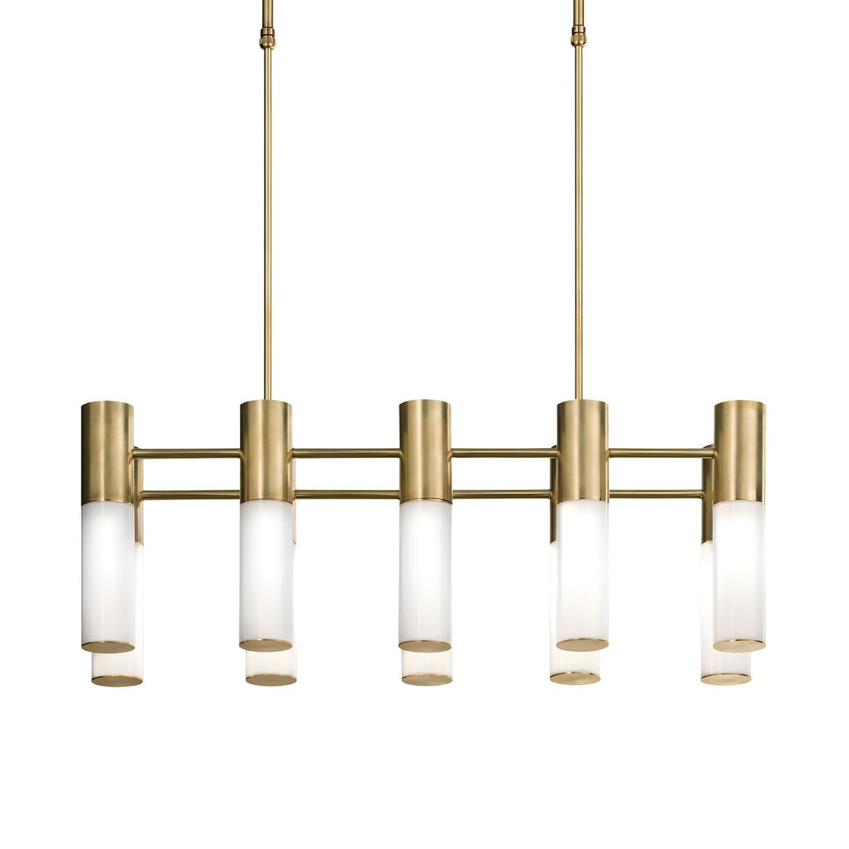 The Magari 10 Linear Suspension Light - Gold features a modern gold metal frame with ten cylindrical opal shades, suspended from the ceiling by two rods.