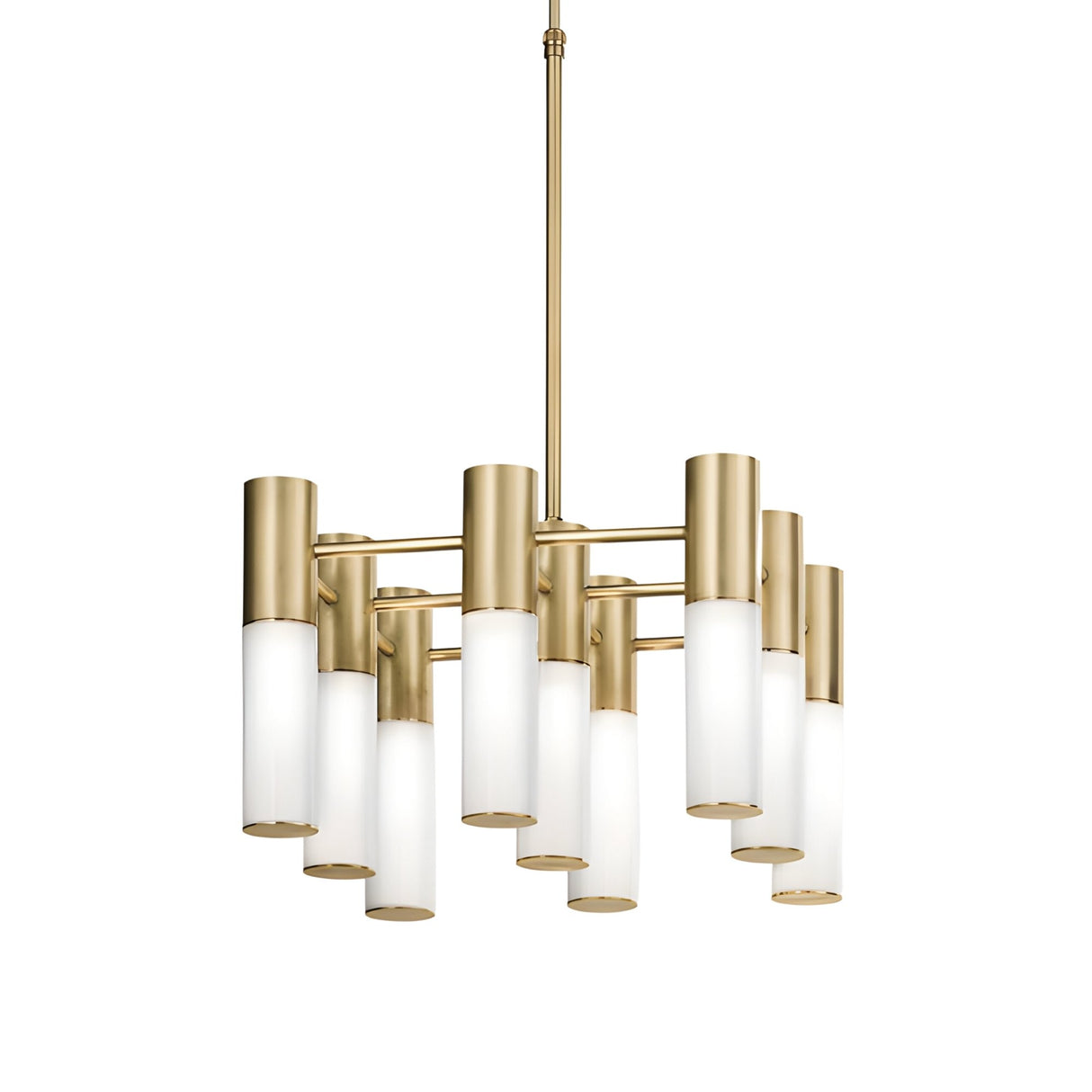 The Magari 9 Light Chandelier in gold features nine cylindrical opal shades arranged in two tiers, elegantly suspended from a ceiling rod for a modern look.
