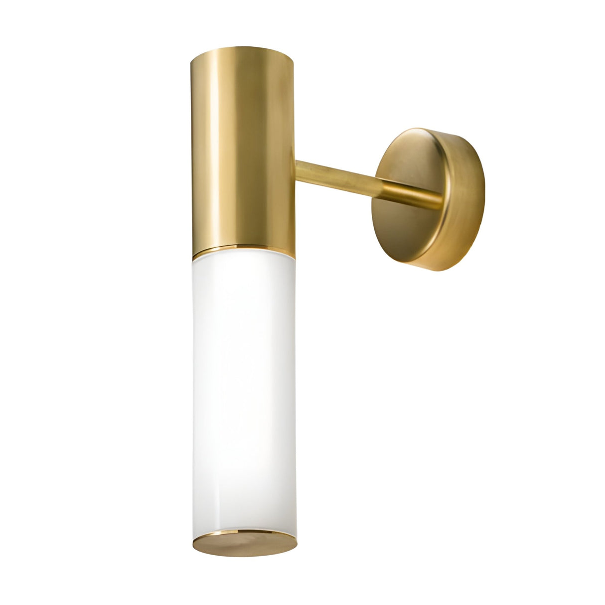 The Magari Wall Light - Gold features a modern cylindrical brass fixture with a frosted white glass shade on a round brass base, bringing elegant ambient light to any white background.