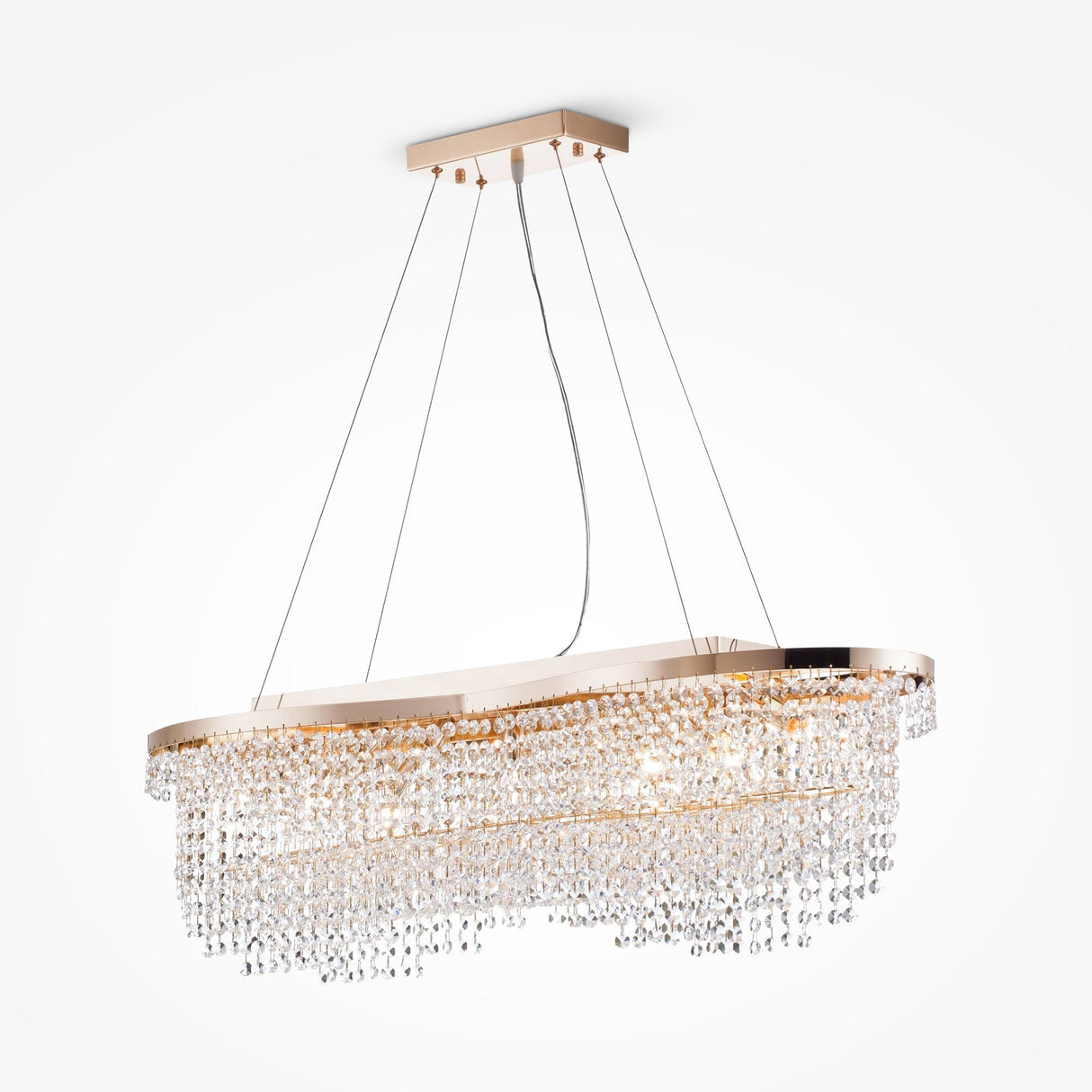 The Toils 7 Light Crystal Suspension - Gold boasts cascading crystal strands from a sleek rectangular frame, suspended by four wires. This elegant fixture emits a luxurious ambiance against a white background, epitomizing gold crystal suspension.