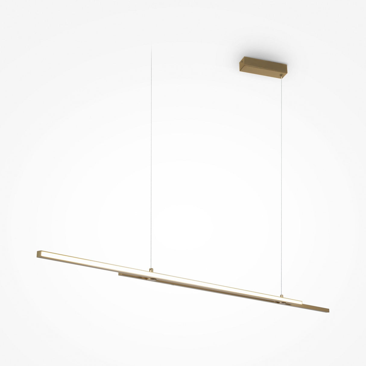 The Halo Dimmable LED Extra Long Linear Suspension Light 4000K - Brass hangs from thin wires against a white background, featuring a modern, minimalist design that evenly emits light along its slim bar with a dimmable function.