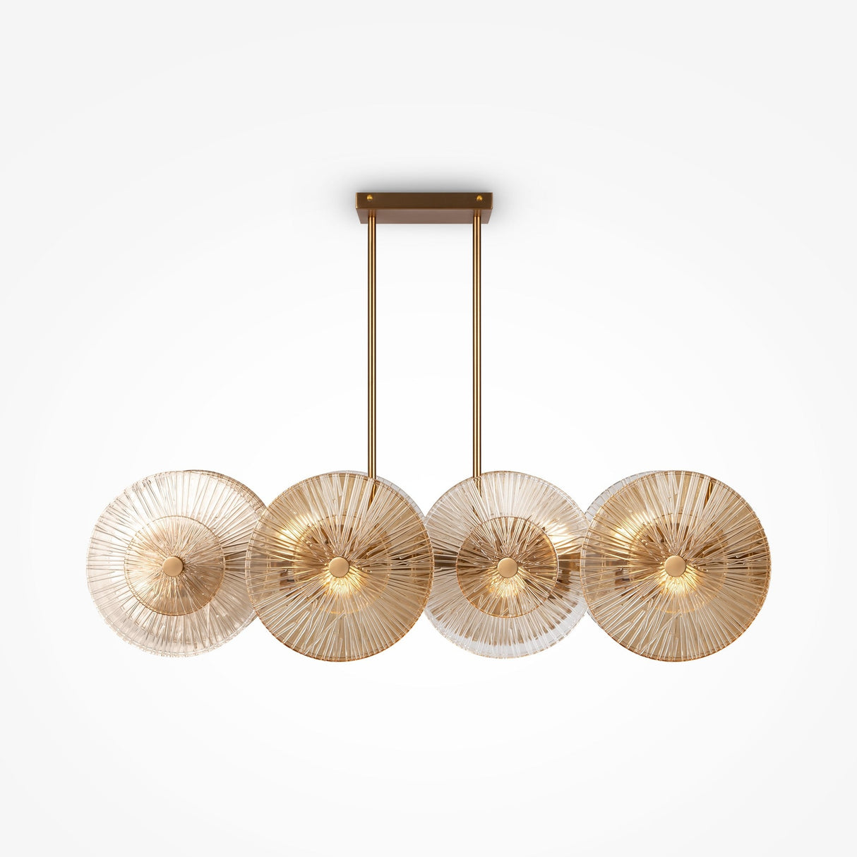 The Aster 8 Light Spherical Suspension Light - Gold features a modern silhouette with four intricate radial glass shades. These elegant spheres align horizontally, suspended by two vertical rods from a rectangular base, all finished in luxe gold.