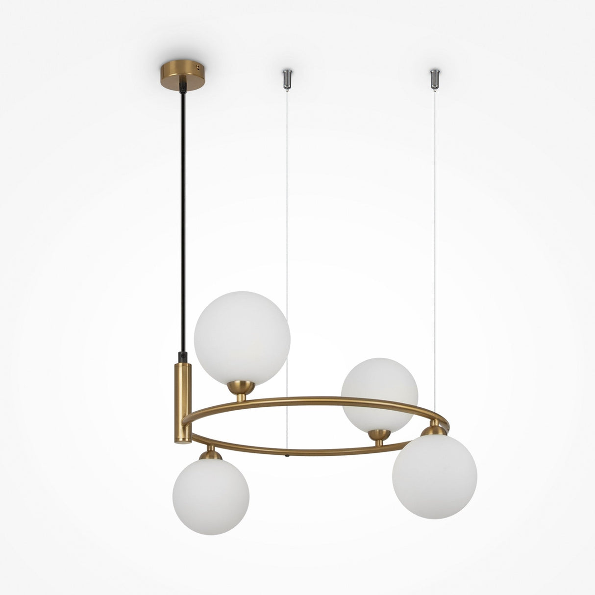 The Ring 4 Light Circular Suspension in gold features four spherical white glass diffusers. This elegant chandelier is suspended by two thin wires, offering a sleek and sophisticated design.