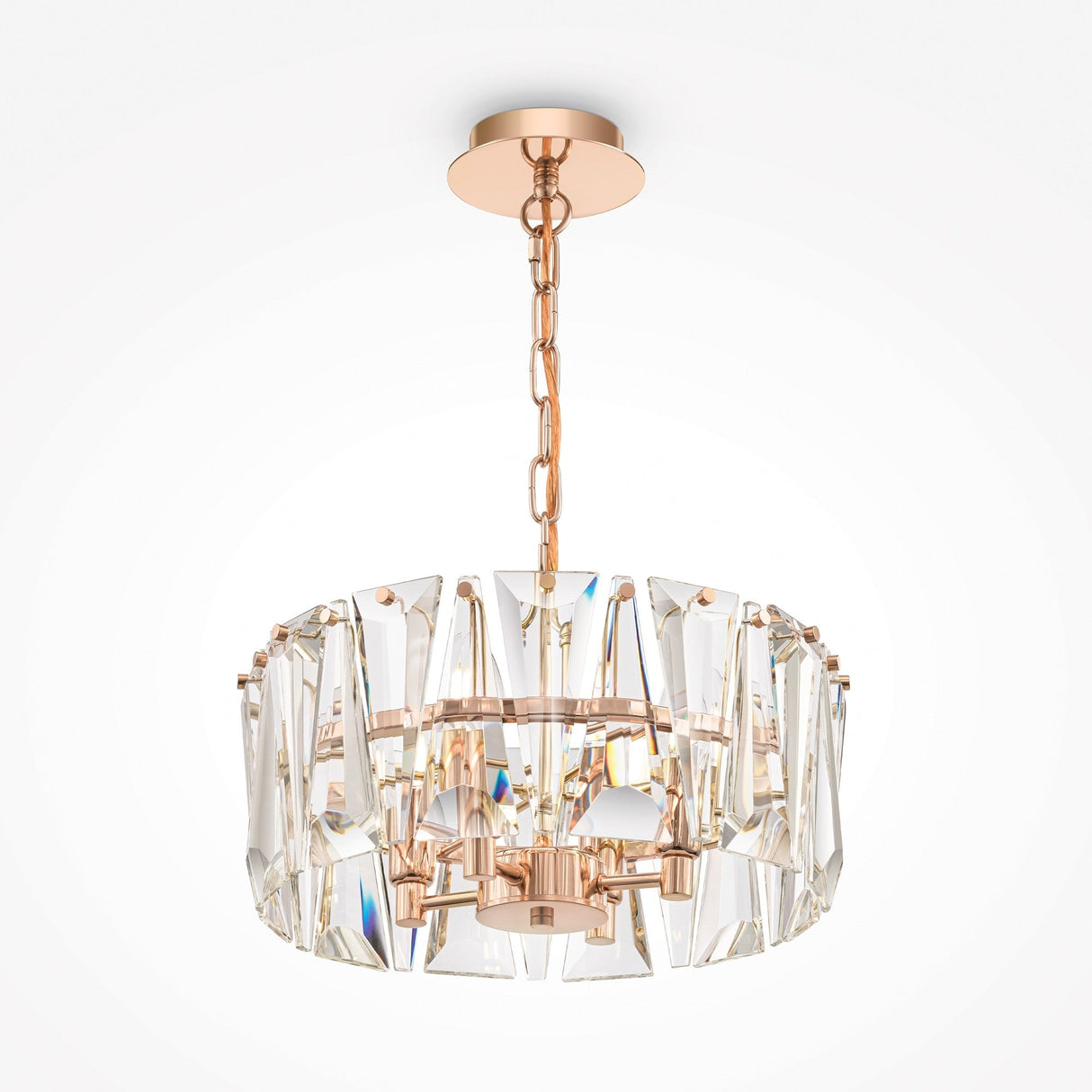 The Puntes 4 Light Chandelier - Gold is a luxurious, compact fixture with crystal-like geometric designs around a metallic frame, hanging from a matching chain and circular mount. It features multiple bulbs arranged in a circle.