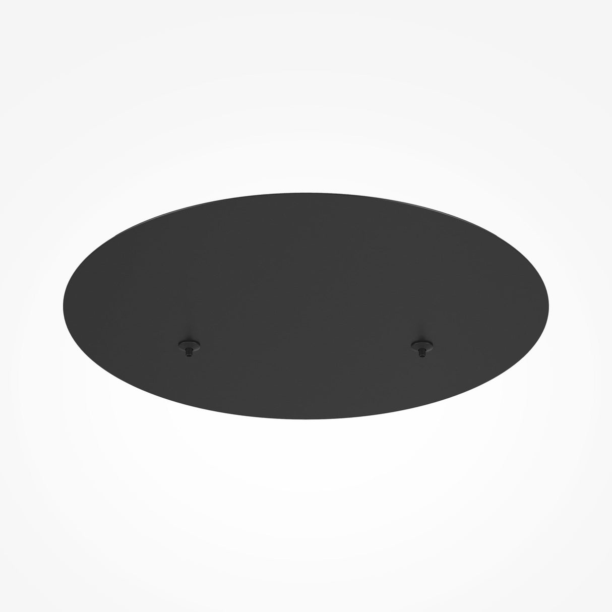 The Rim Cluster Canopy 2 Light Round in black is a minimalist round, flat ceiling fixture with two visible screws that stands out against a white background.